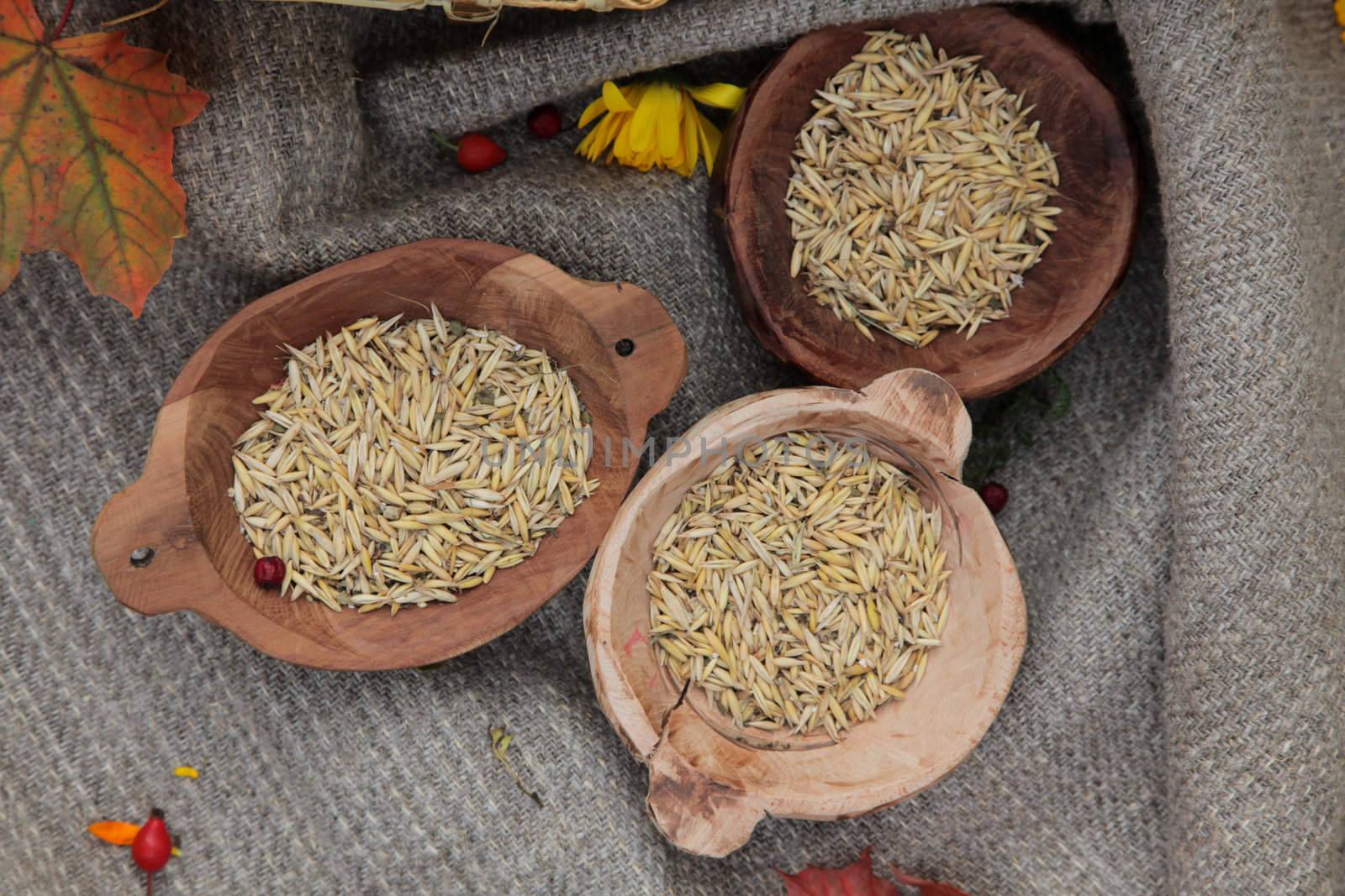 Wheat in a wooden bowl