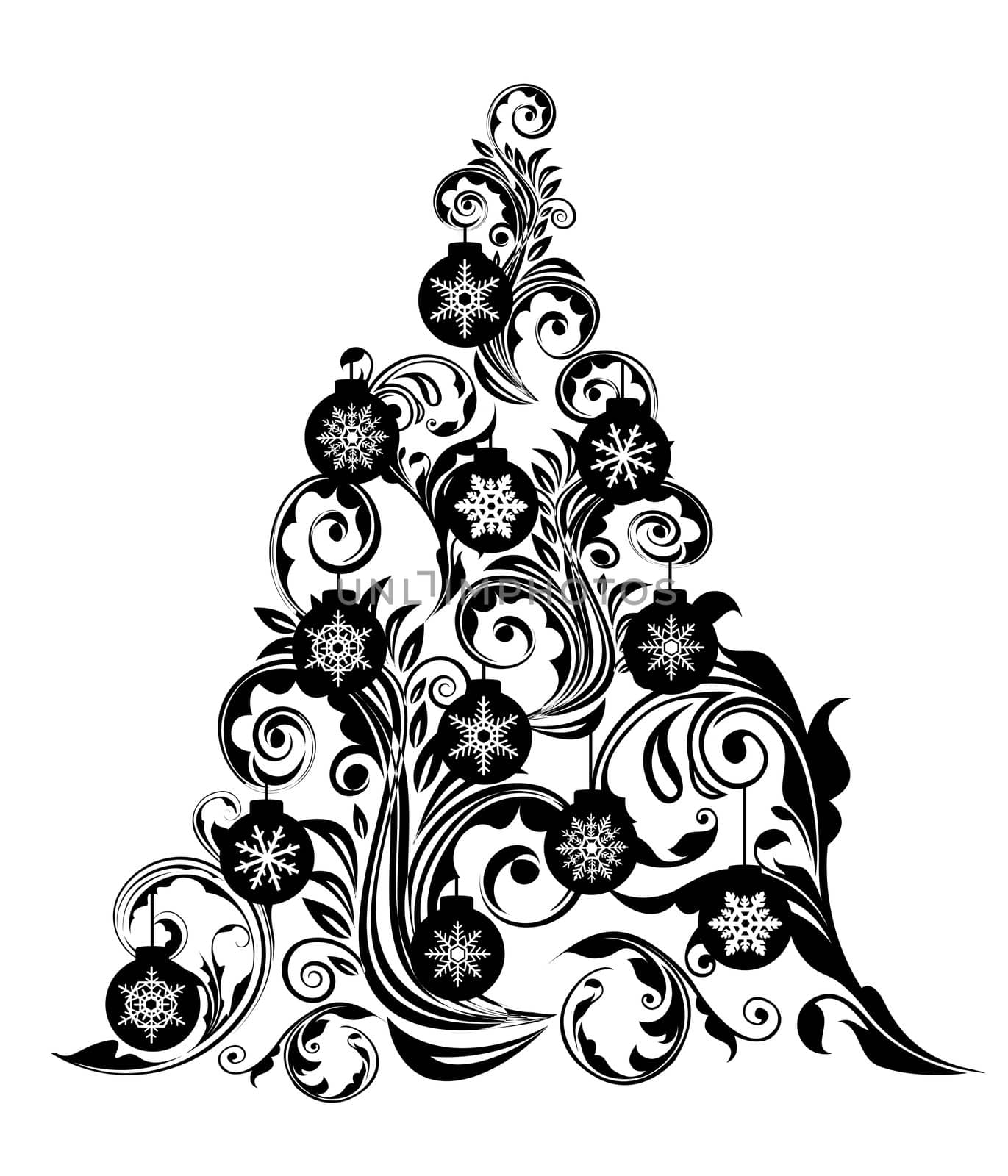 Christmas Tree with Swirl Leaves Design and Snowflakes Ornaments Clipart Illustration