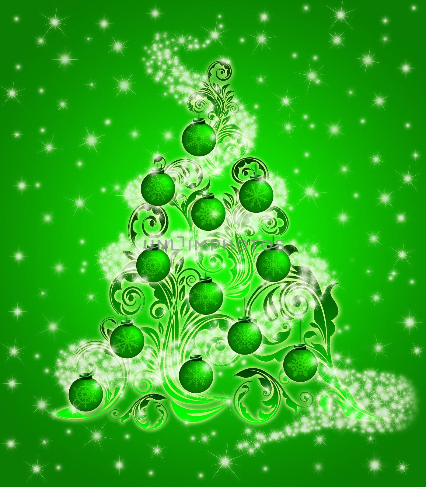 Christmas Tree with Leaf Swirls Sparkles and Ornaments  by jpldesigns