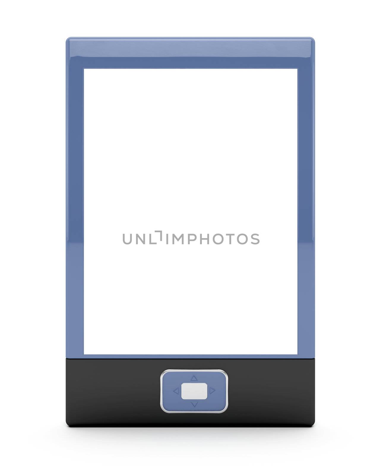 E-book reader with empty screen on white background. 3d image.
