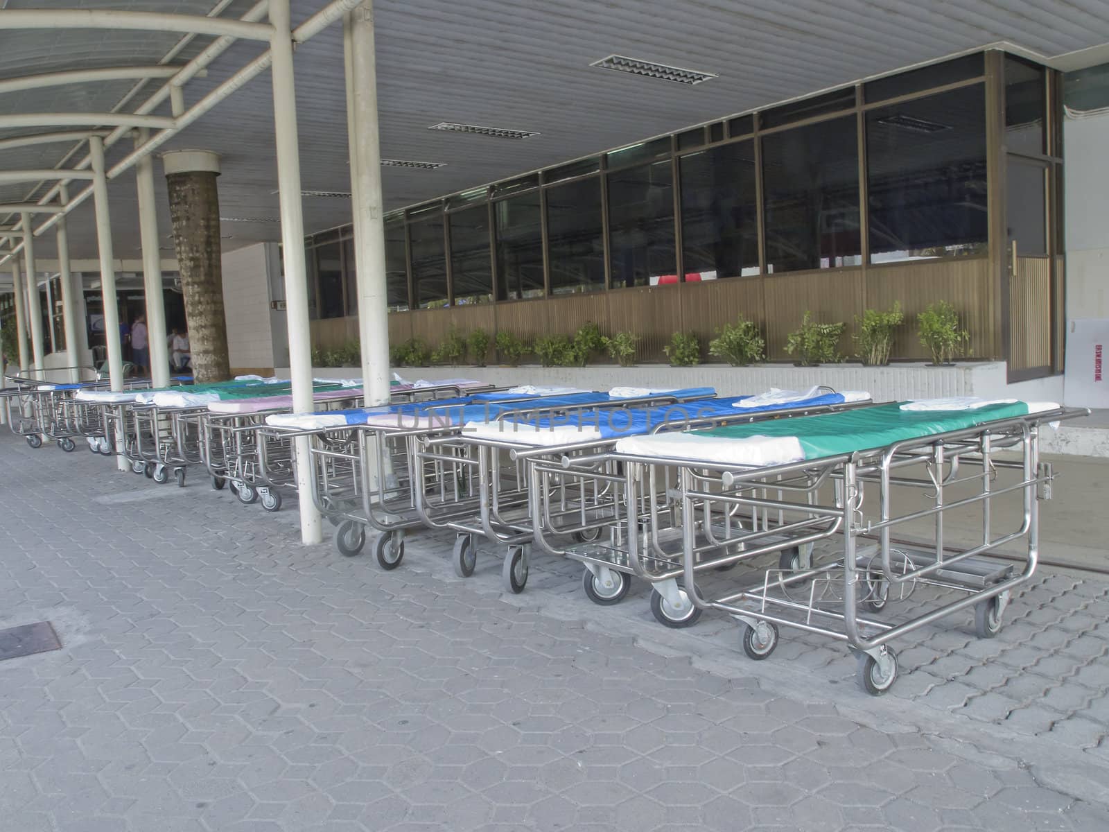 Hospital beds arrange front of the emergency room at hotpital, Nakhon Si Thammarat, Thailand