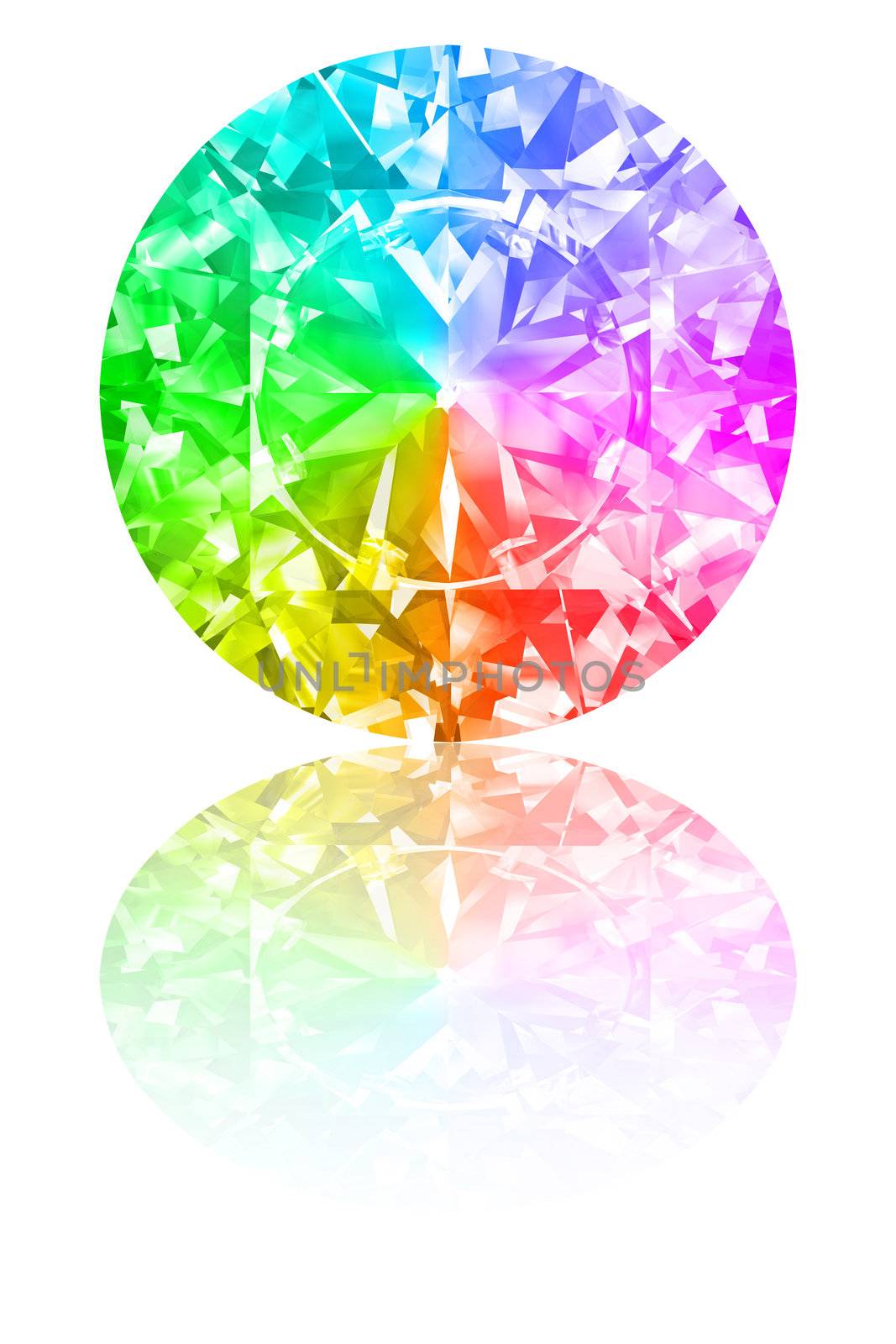 Diamond of rainbow colours on glossy white background. High resolution 3D render with reflections
