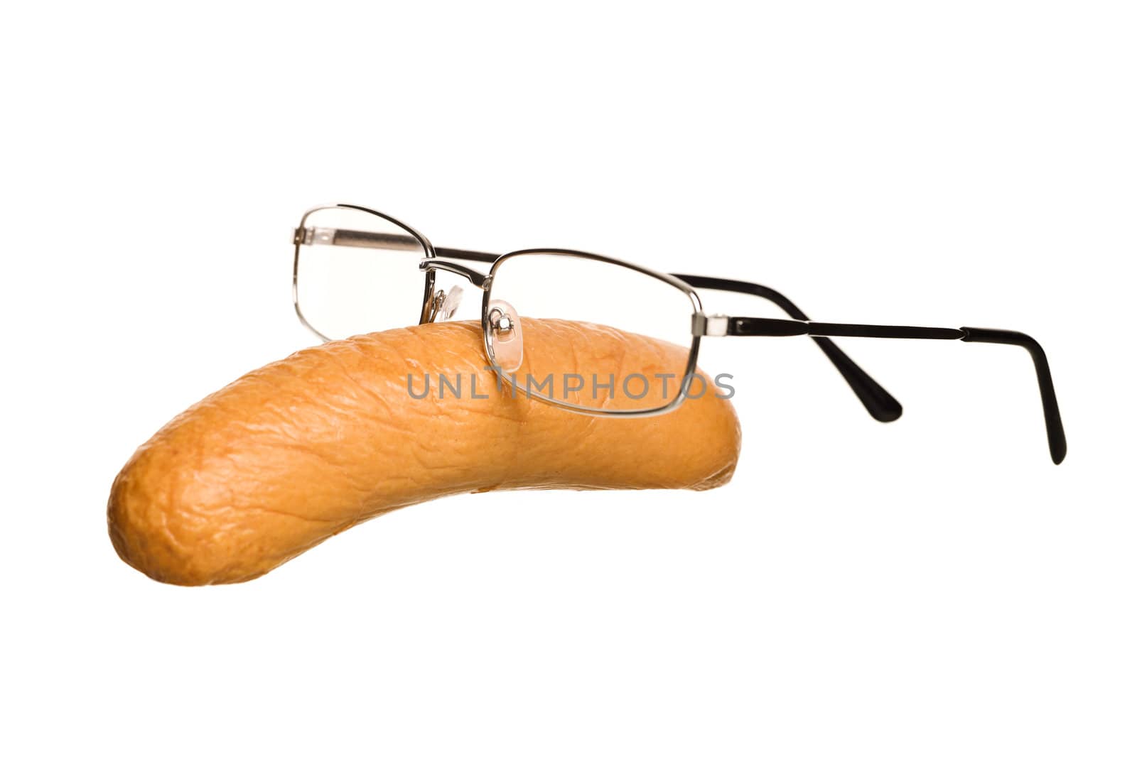 Sausage with glasses isolated on white background