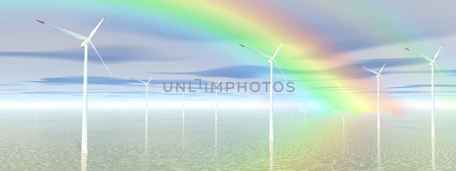 Wind turbines in the blue ocean in front of a beautiful rainbow