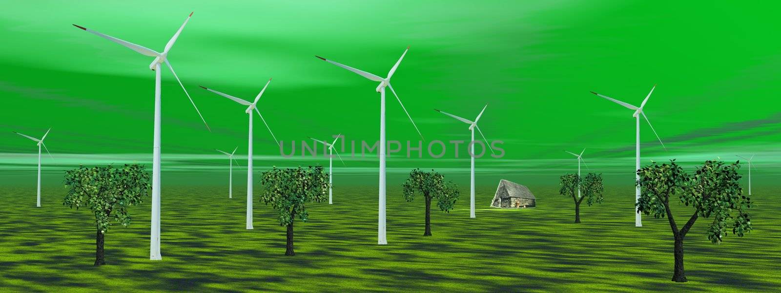 Wind turbines in the country next to small trees and a little house in green background