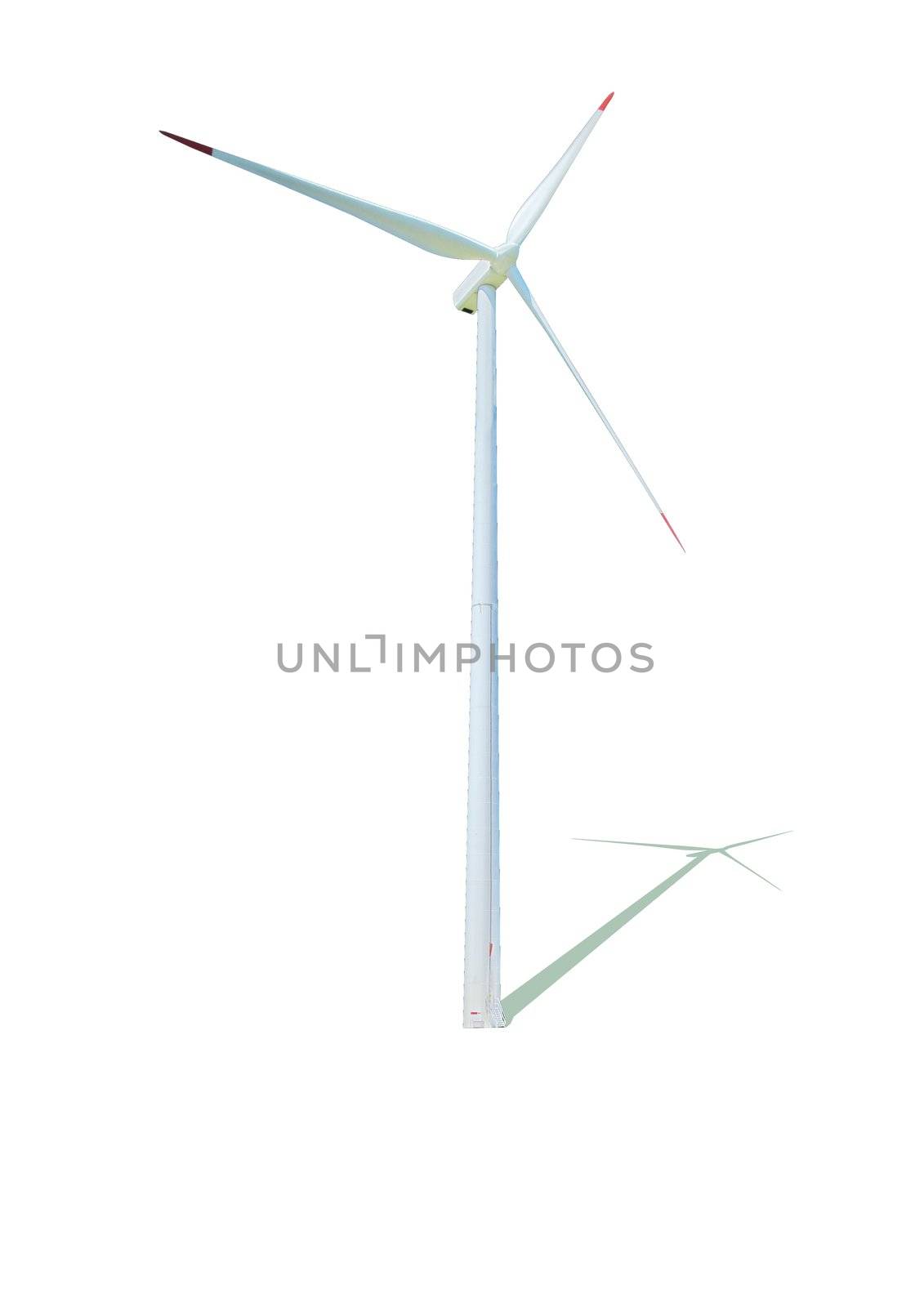 Wind turbine with its shadow in a white background