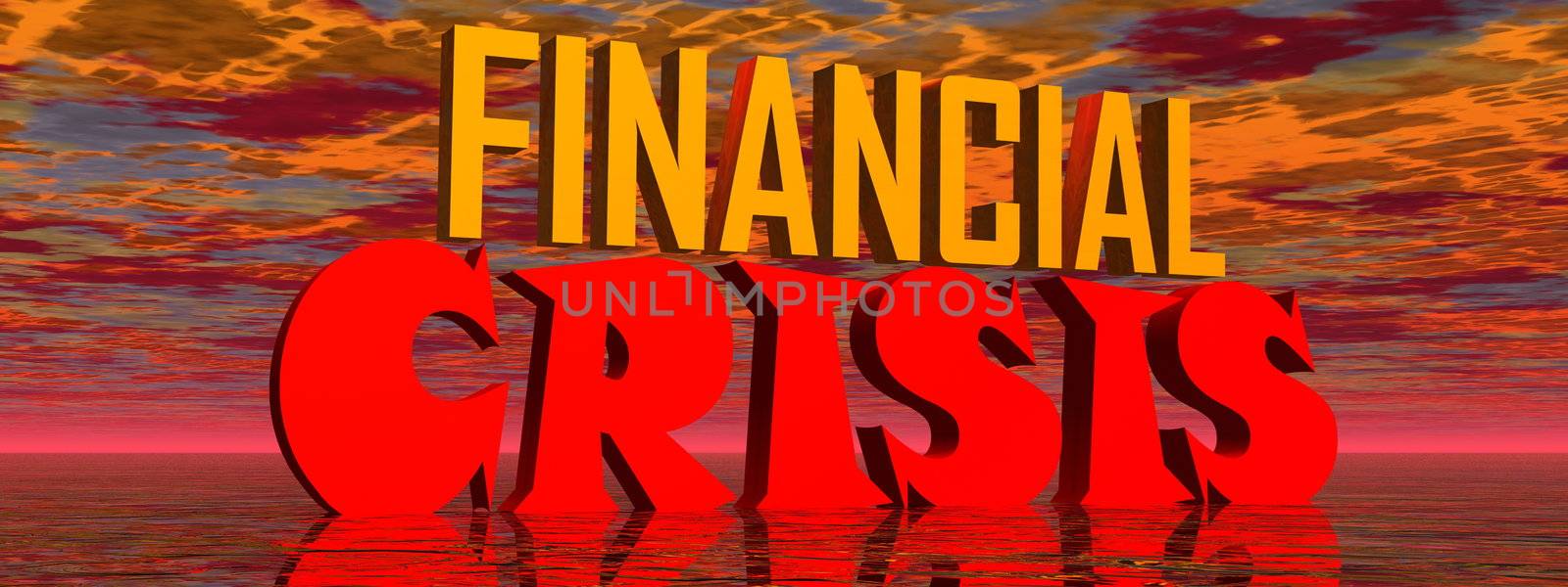 Red and orange capital letters for financial crisis in stormy background