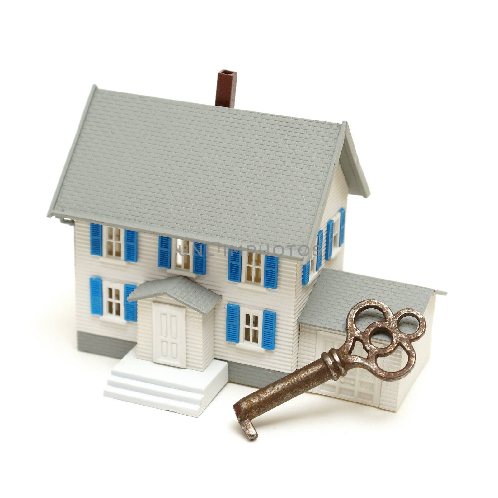 A house and a skeleton key represent home security concepts.