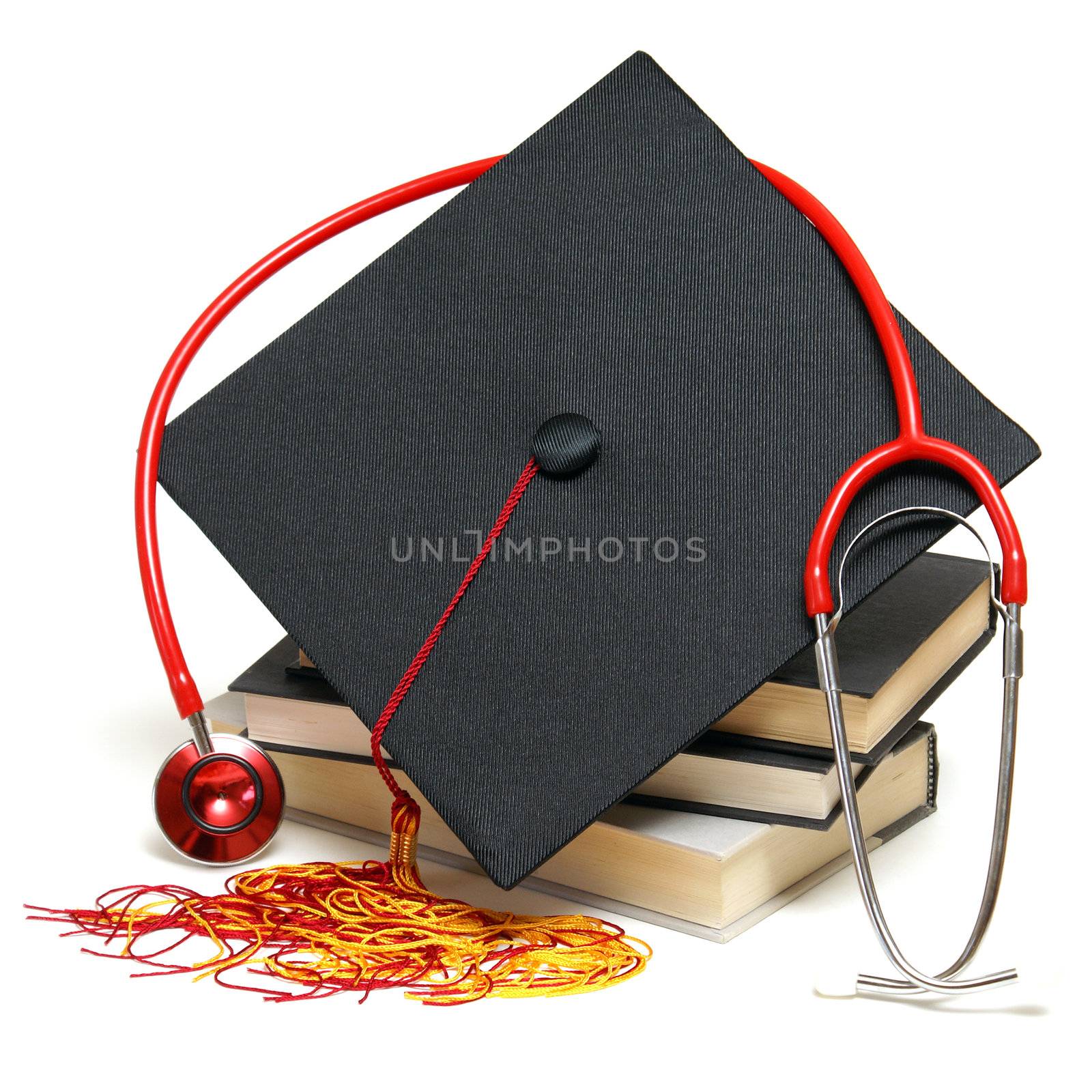 An isolated stethoscope and mortarboard represent a graduating healthcare professional.