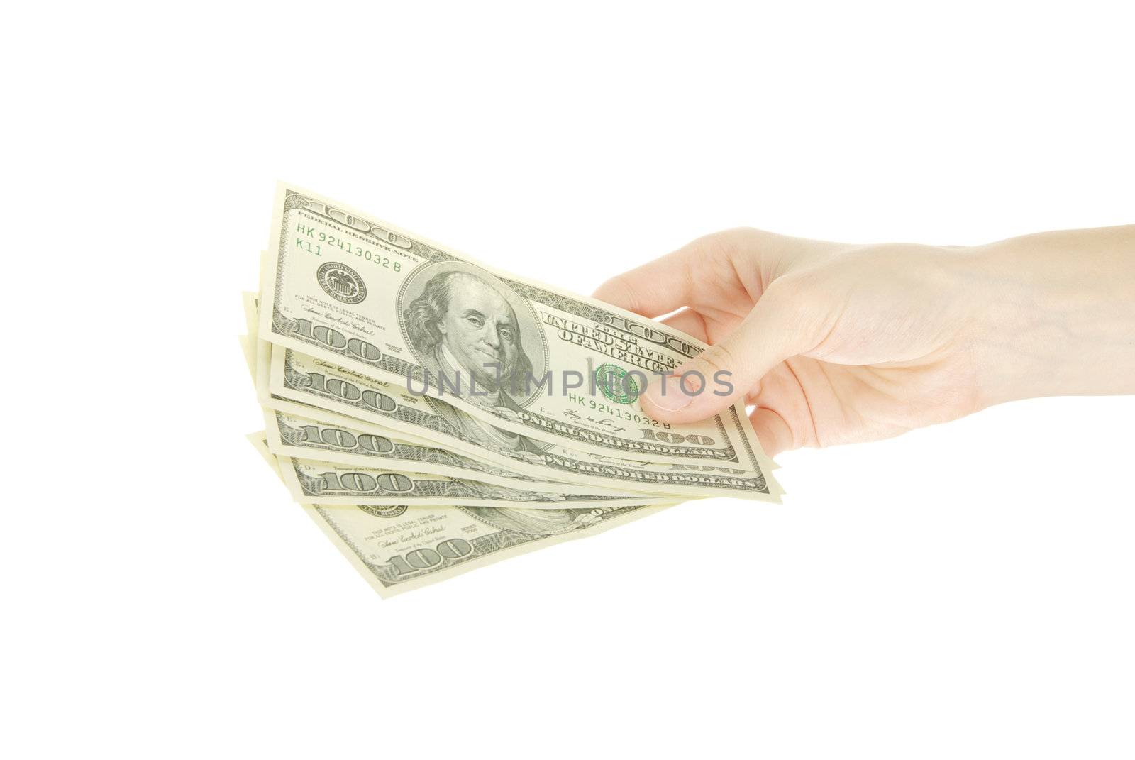 Hand with money isolated on white background