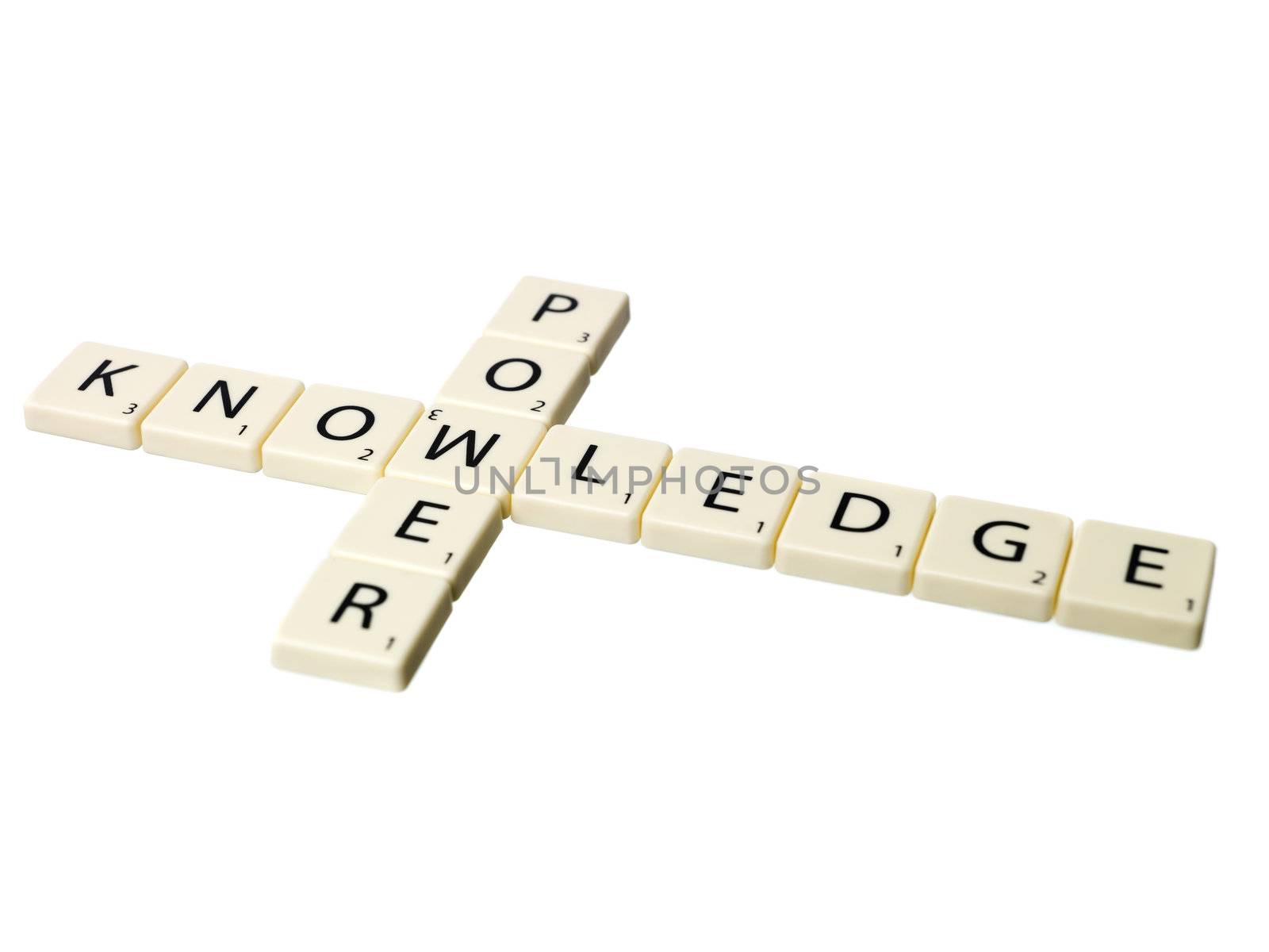 The words power and knowledge written with scrabble pieces