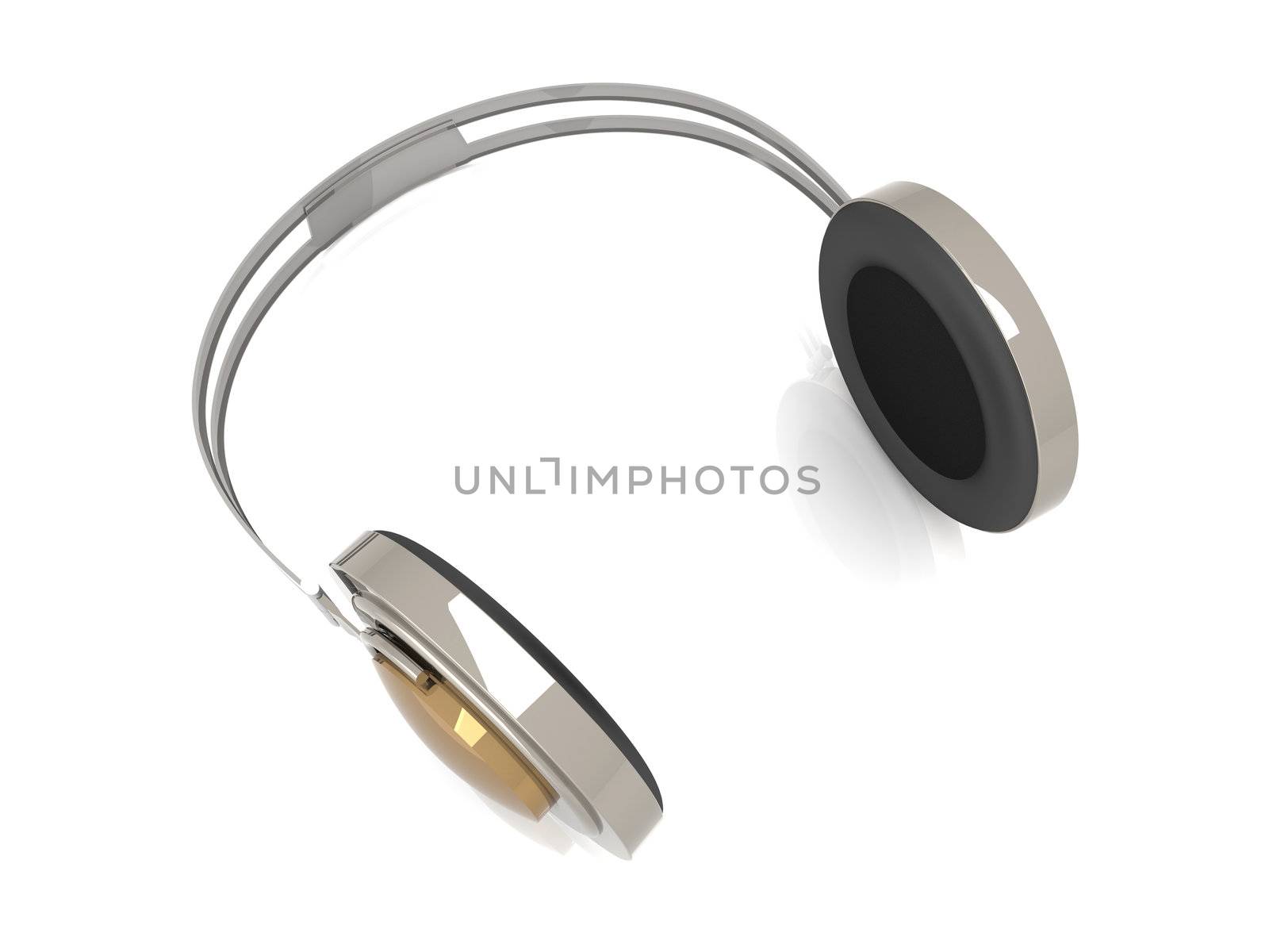 3D rendered Illustration. Chrome / Silver Headphones. Isolated on white.