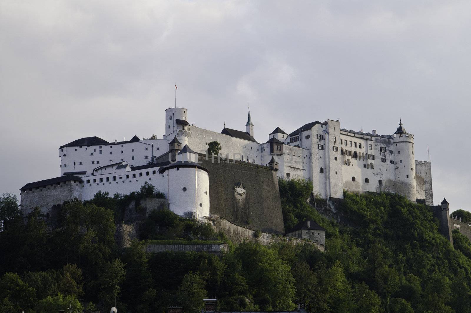 Salzburg Castle on a cloday day in Austria.