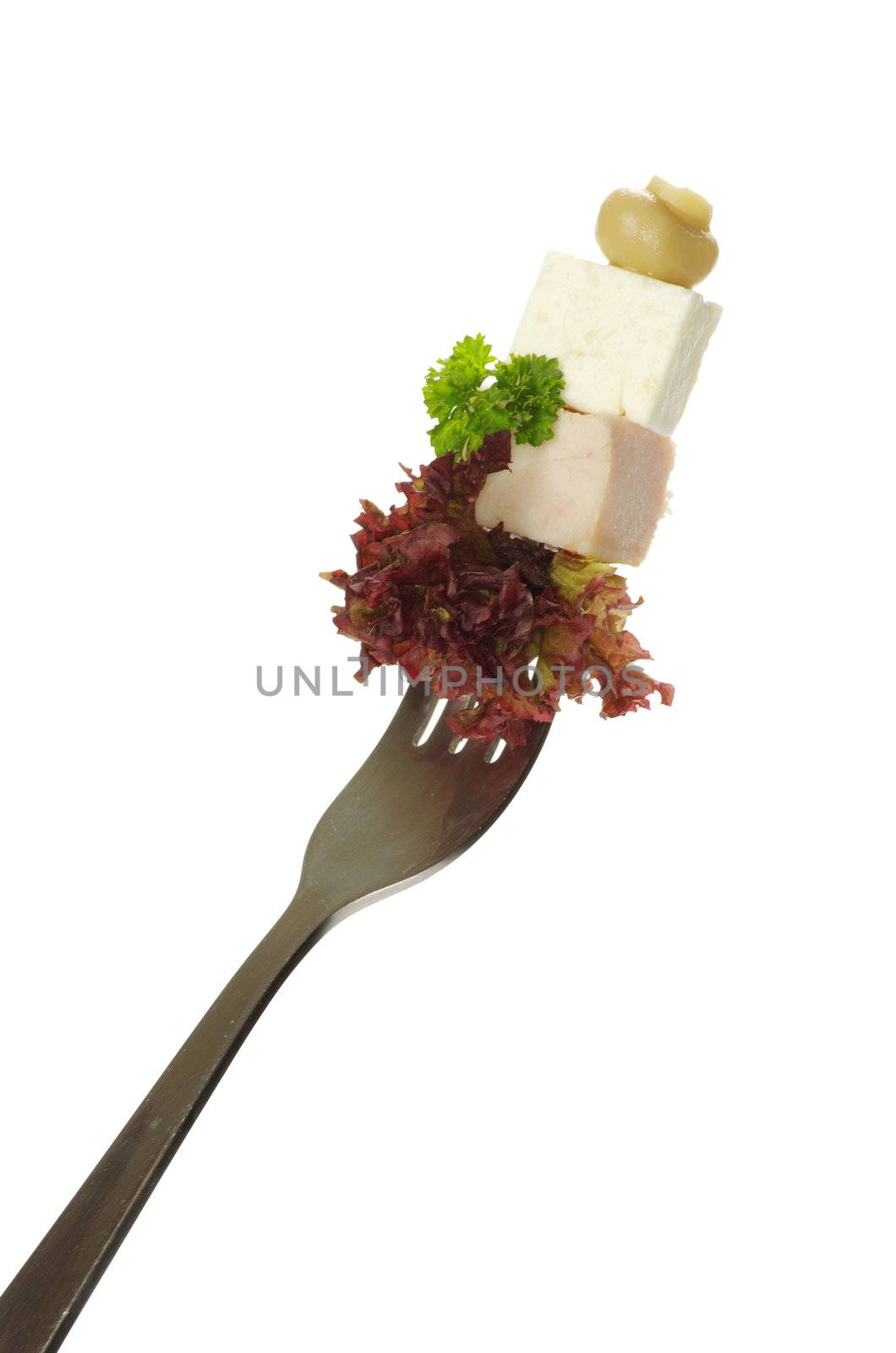 food on a fork isolated on white background