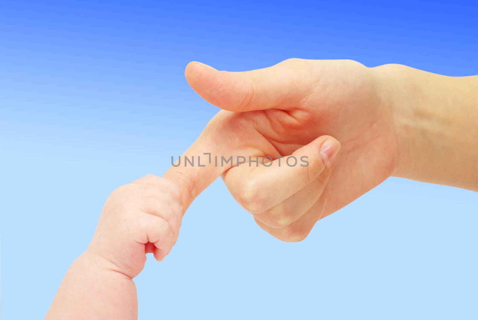 Baby hand holding mother finger isolated on white