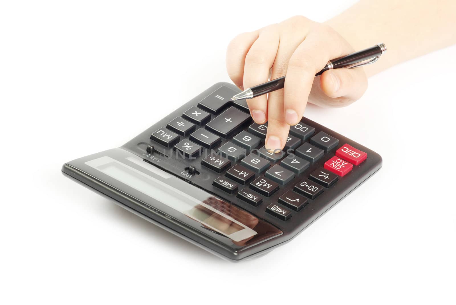 calculator with hand isolated on white