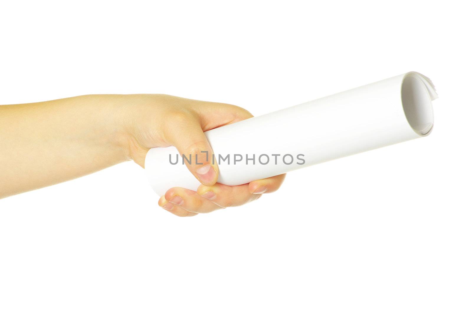 Diploma with a red ribbon in hand isolated on white 
