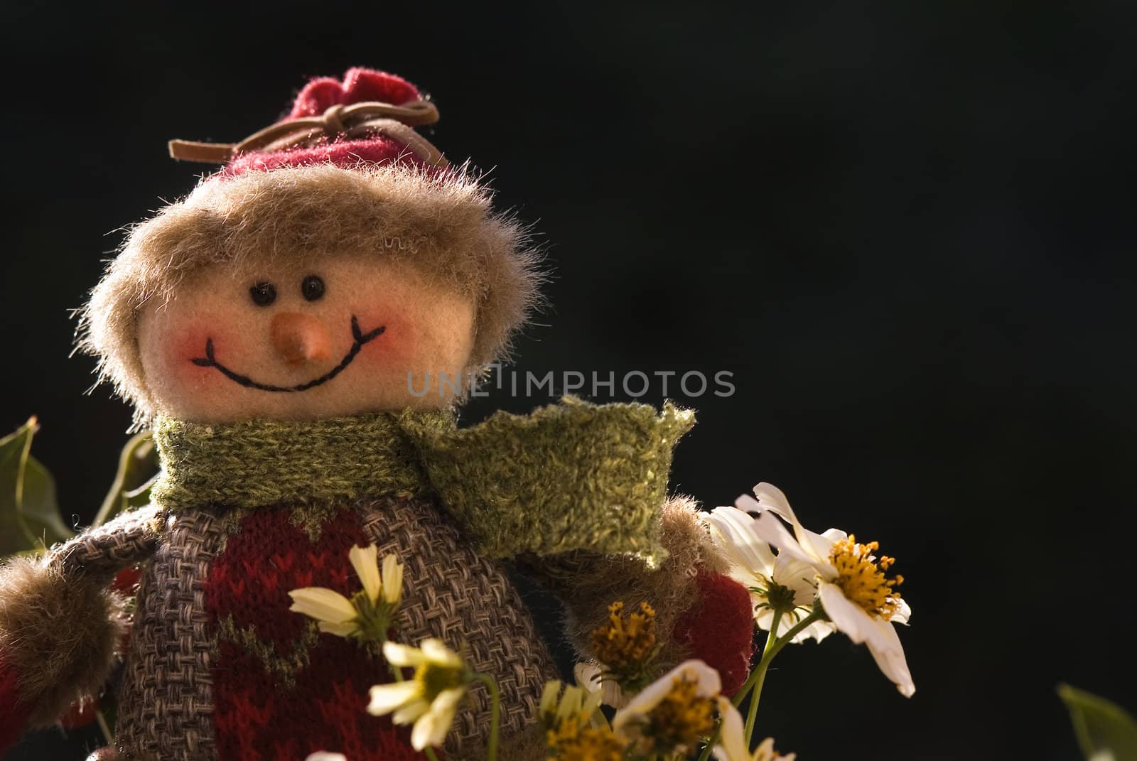Christmas background, cheerful Snowman between winter flowers