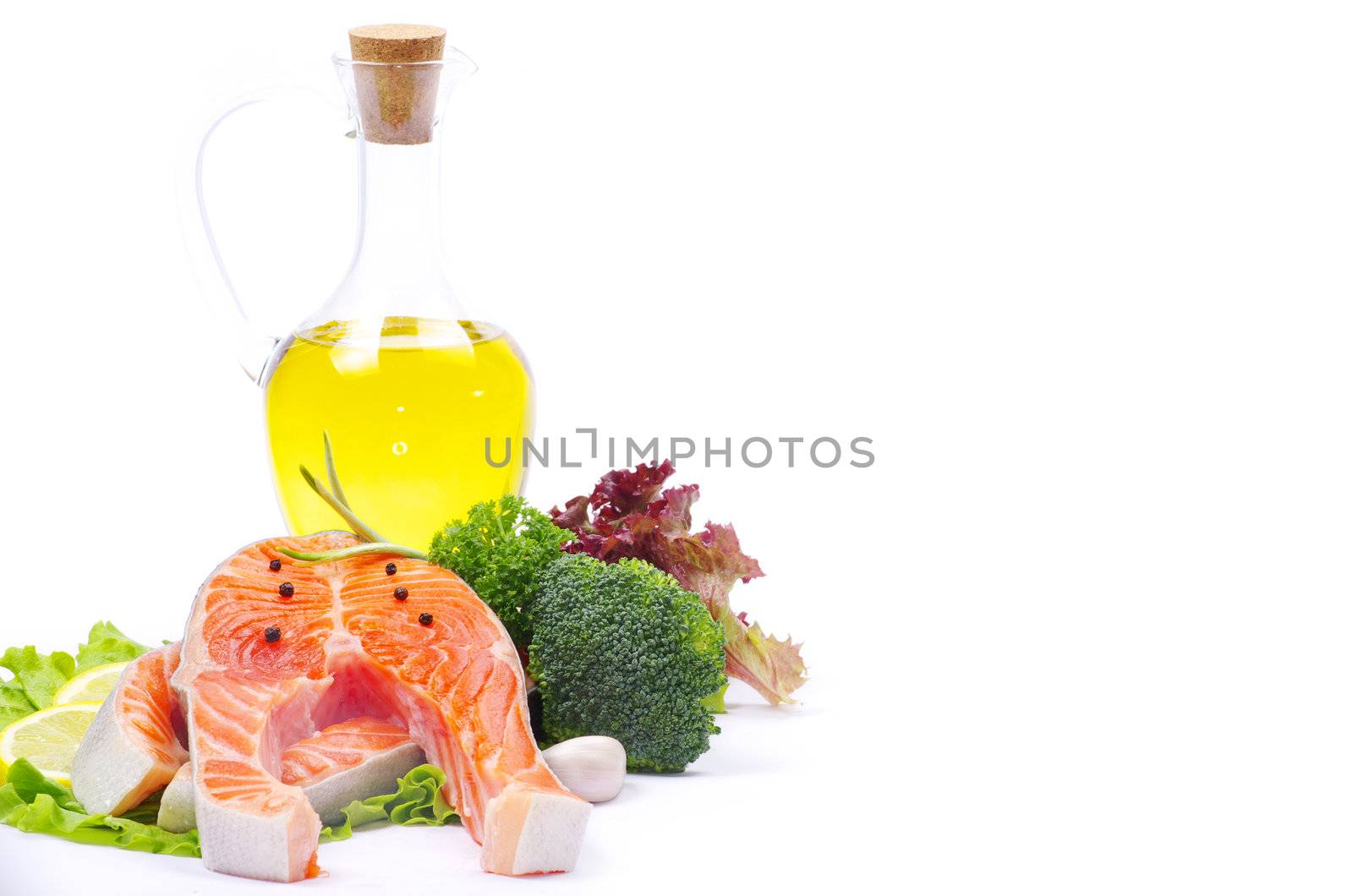raw salmon and spices isolated