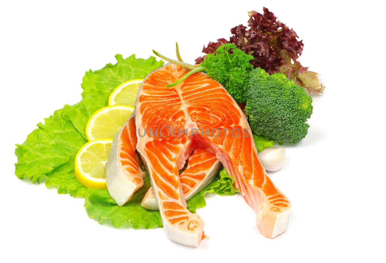 raw salmon and spices isolated