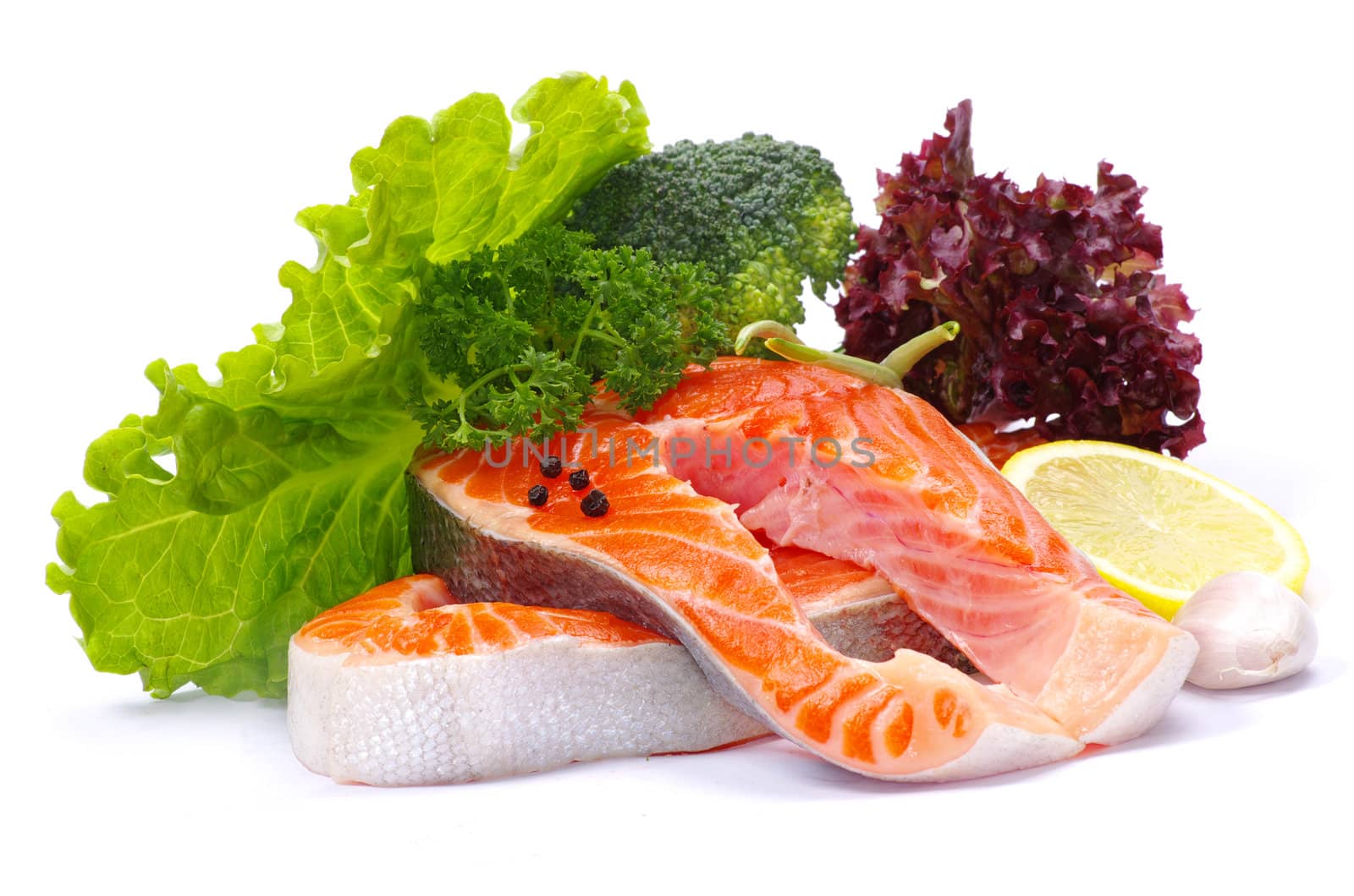 raw salmon and spices isolated