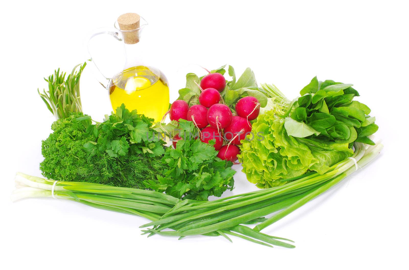 herbs and oil over white