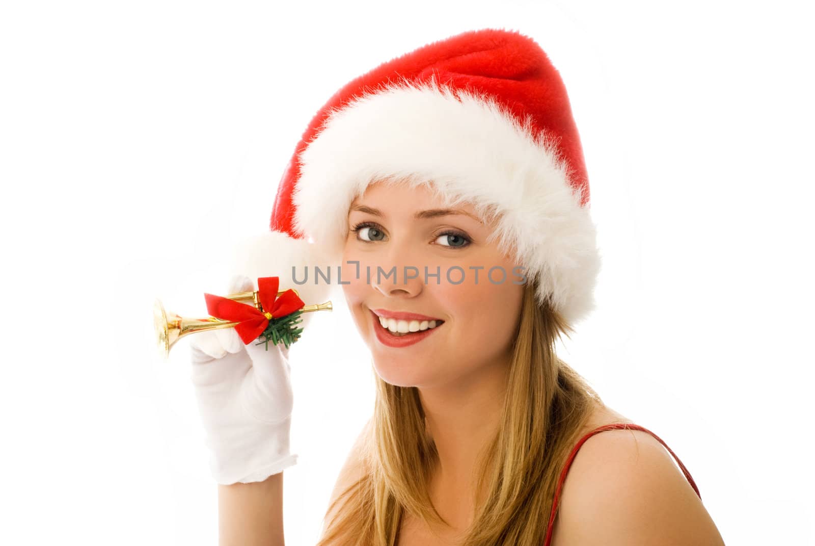 cheerful girl with a small Christmas pipe in her hand by lanak
