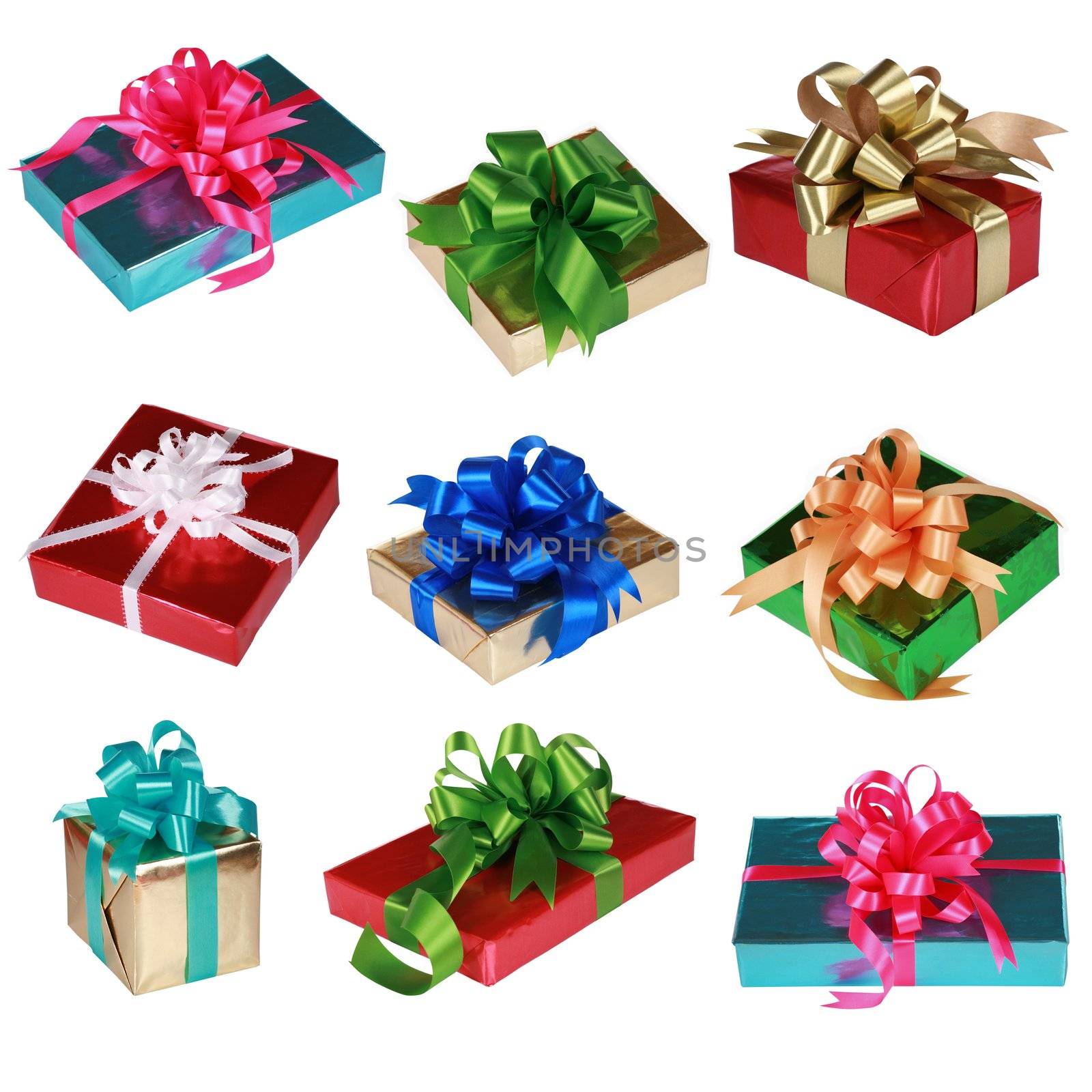 Collage of Nine colorful presents isolated on white
