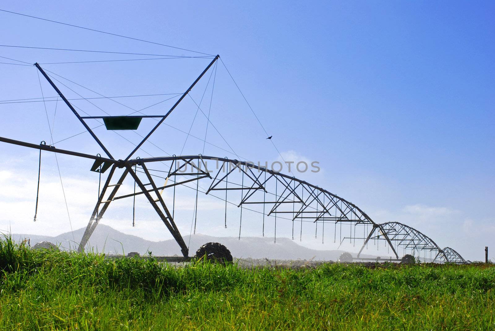 a modern irrigation system working on a field on a farm