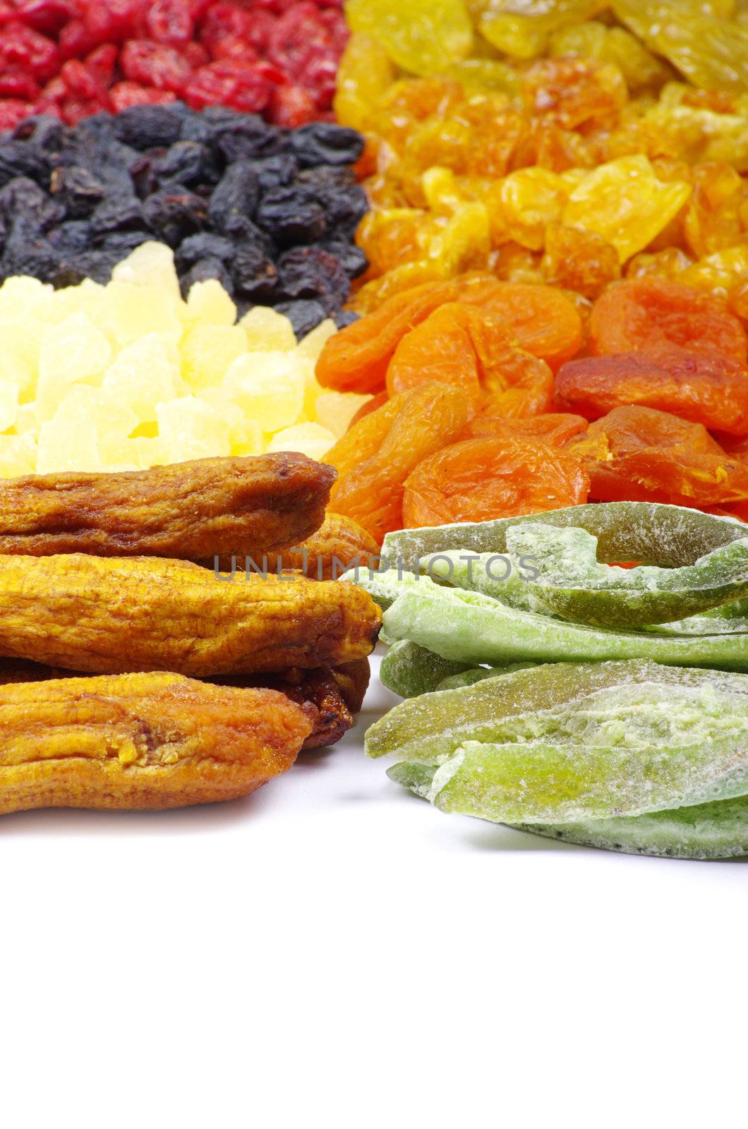assortment dried fruits on white