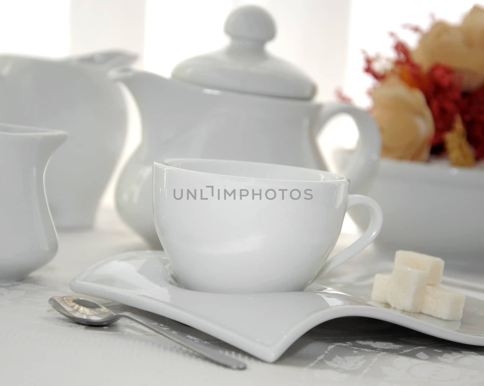 Midday cup of tea with sugar cubes