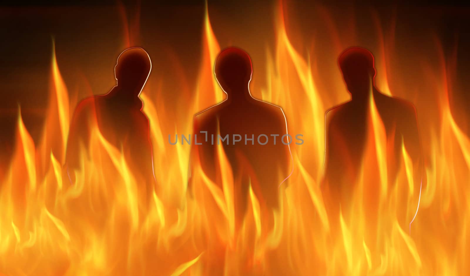 abstract lighted silhouettes of three persons in hell