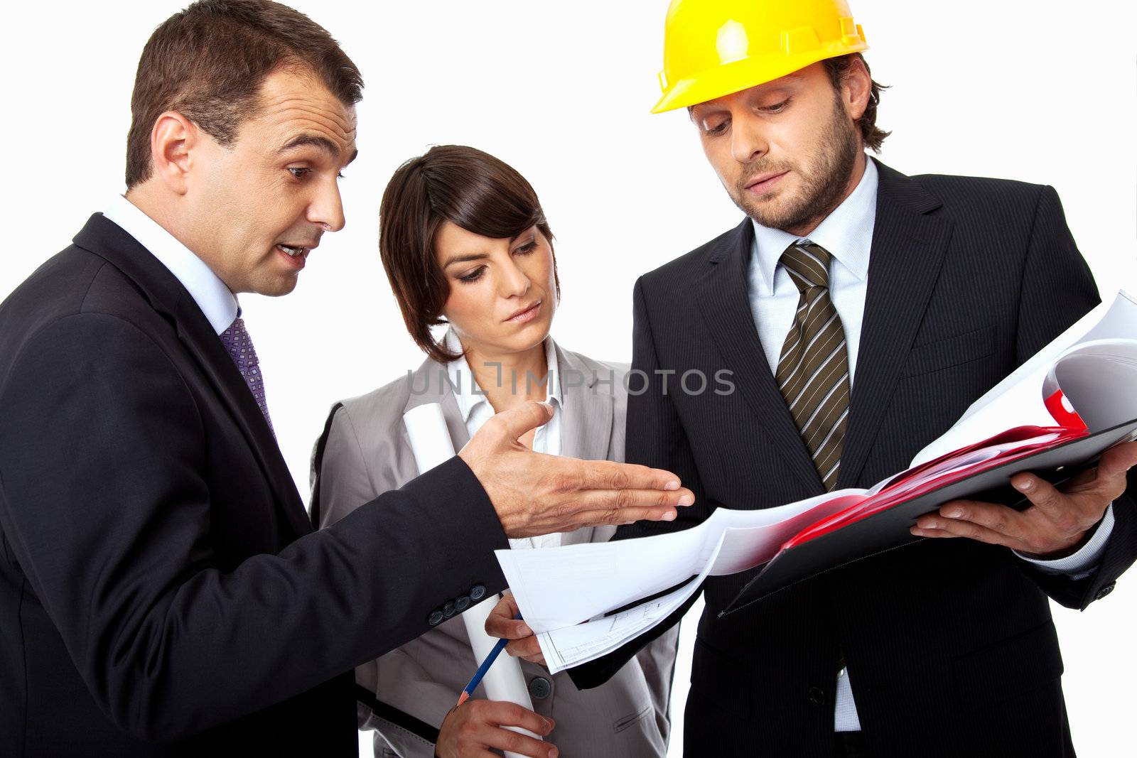 three people are arguing over a plan, one with a helmet