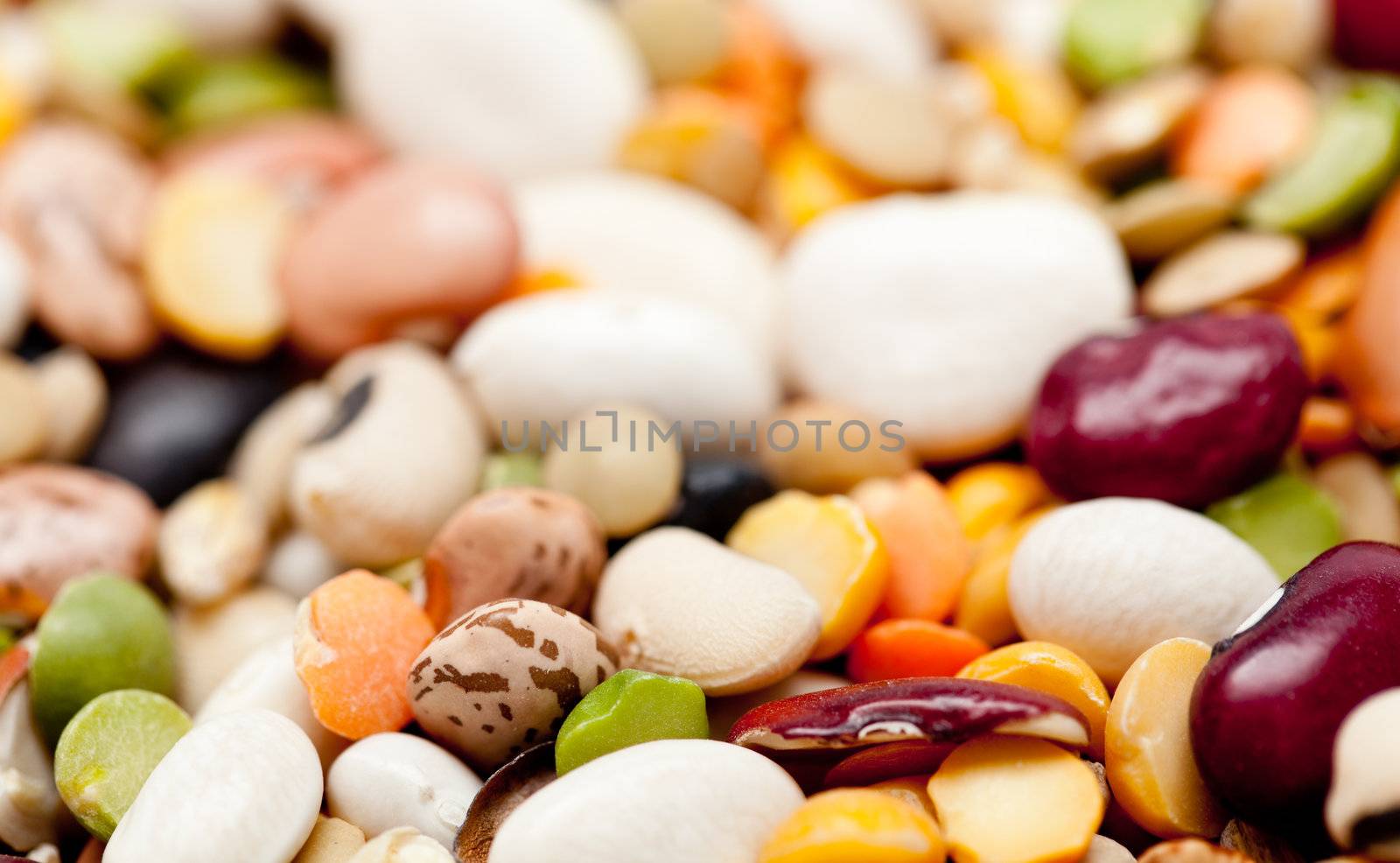 Macro shot of many different types of beans,peas and barley