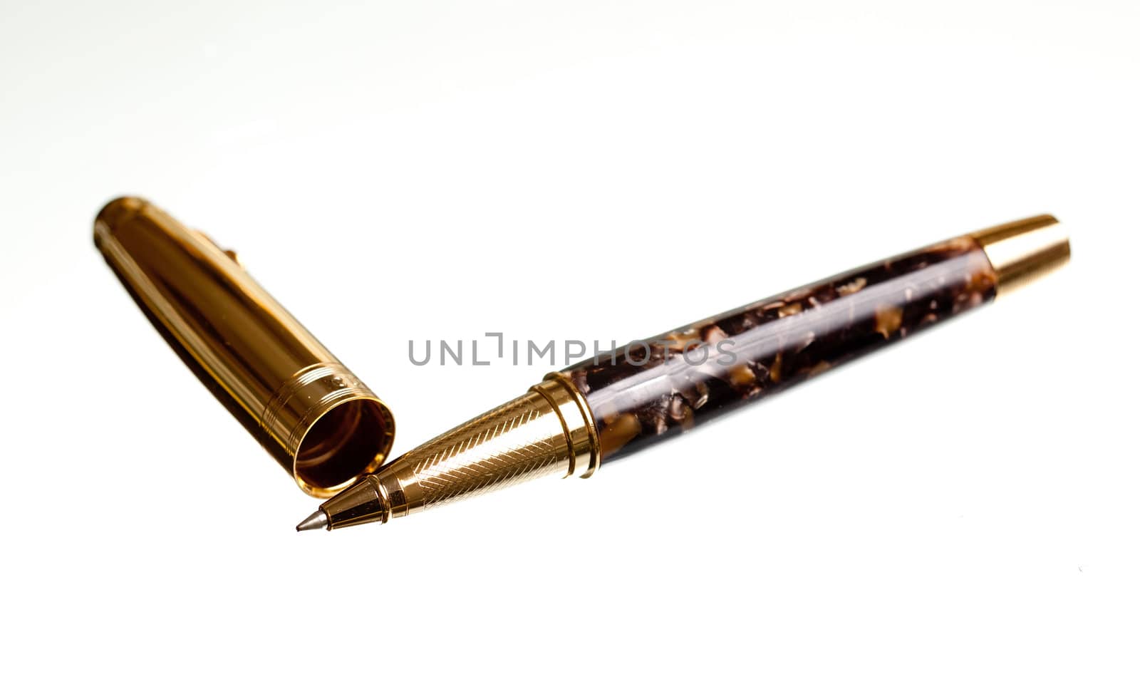 Gold ball point pen and case diagonal on isolated background