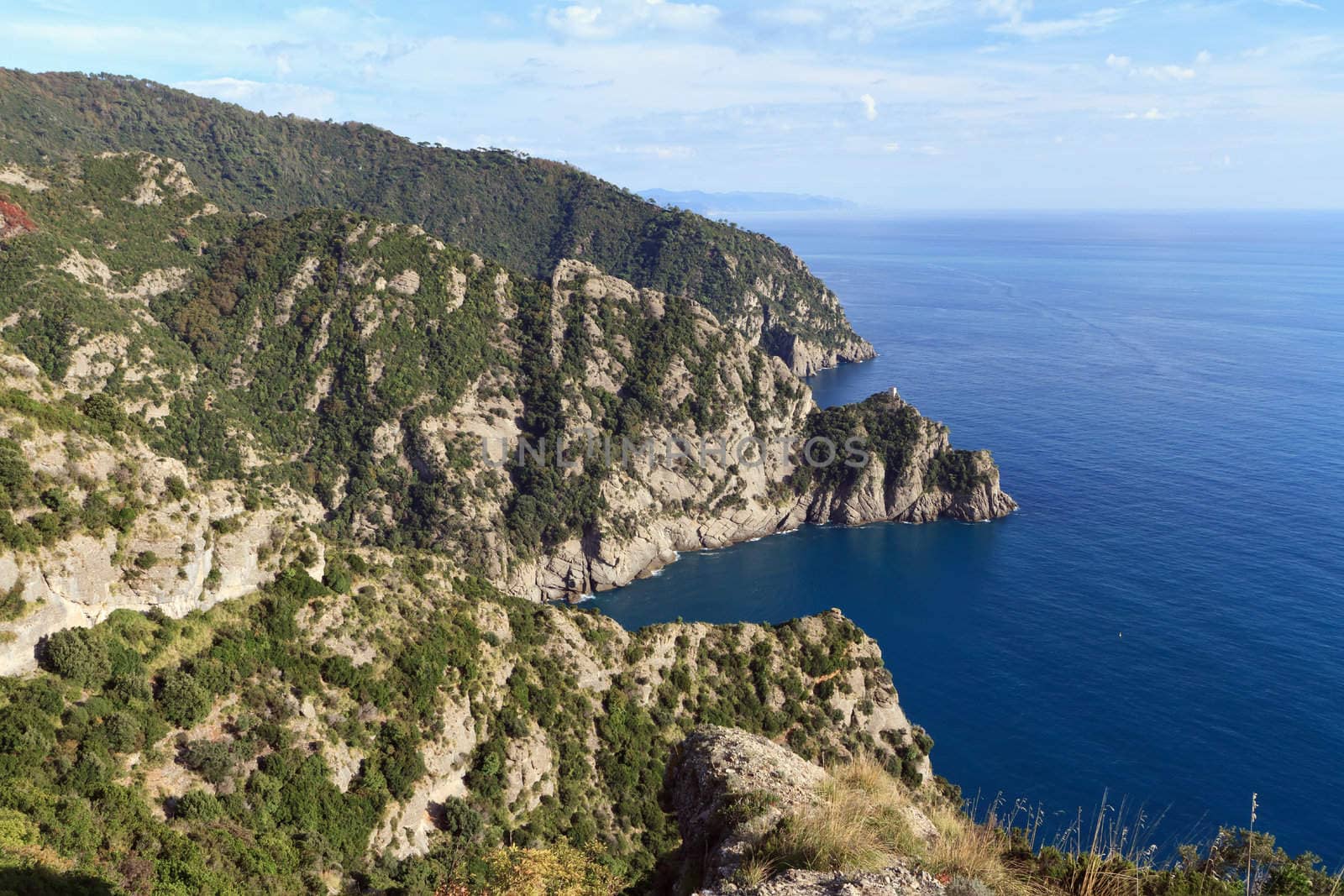 aerial view of Cala dell`Oro and San Fruttuoso bay in Portofino natural park, Italy