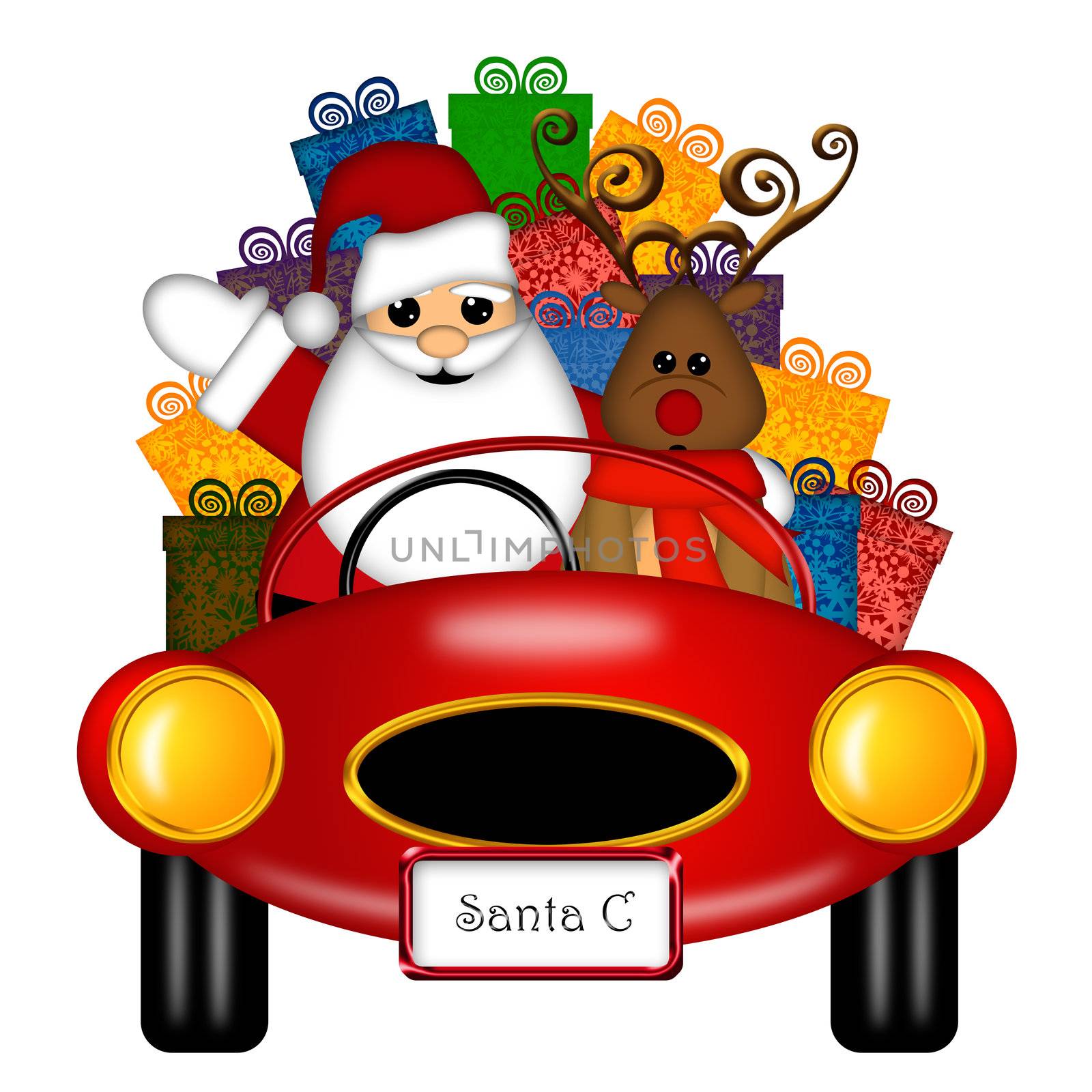 Santa Claus and Reindeer in Red Sports Car Delivering Presents Isolated on White Illustration