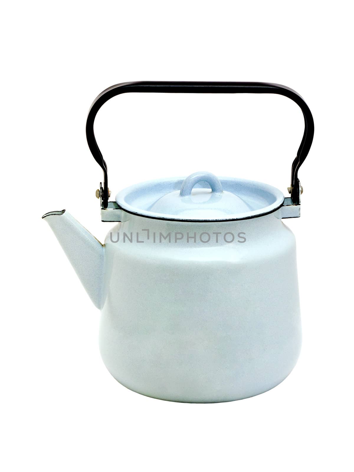 blue enamelled iron teapot isolated on white background