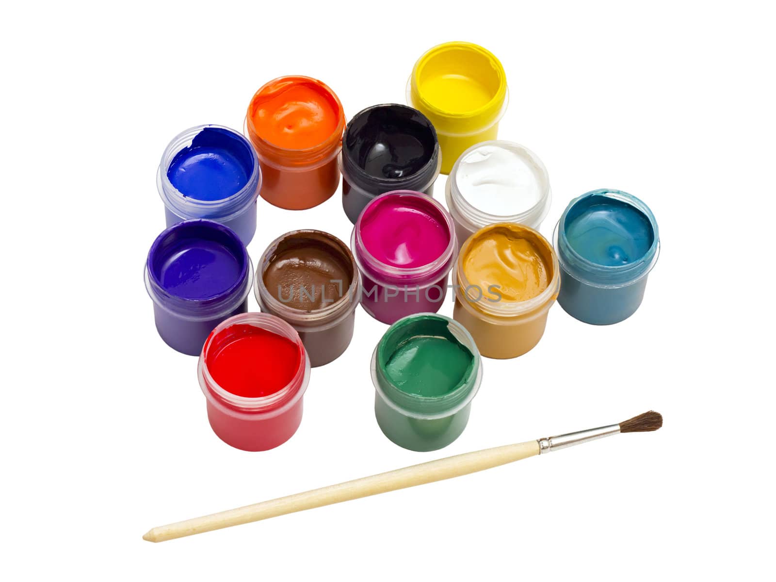 colorful gouache paint and brush isolated on white background