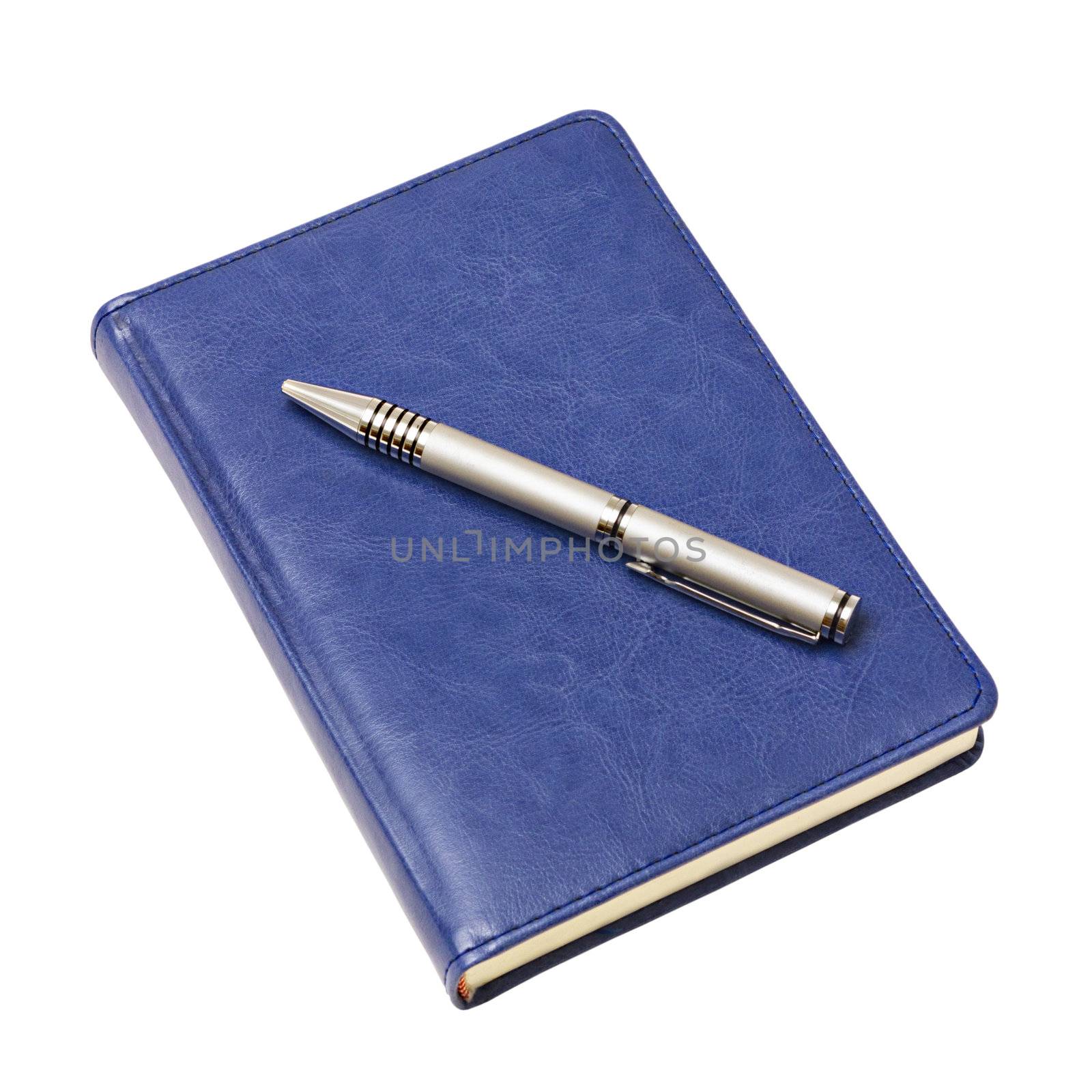 blue diary and a pen isolated on white background