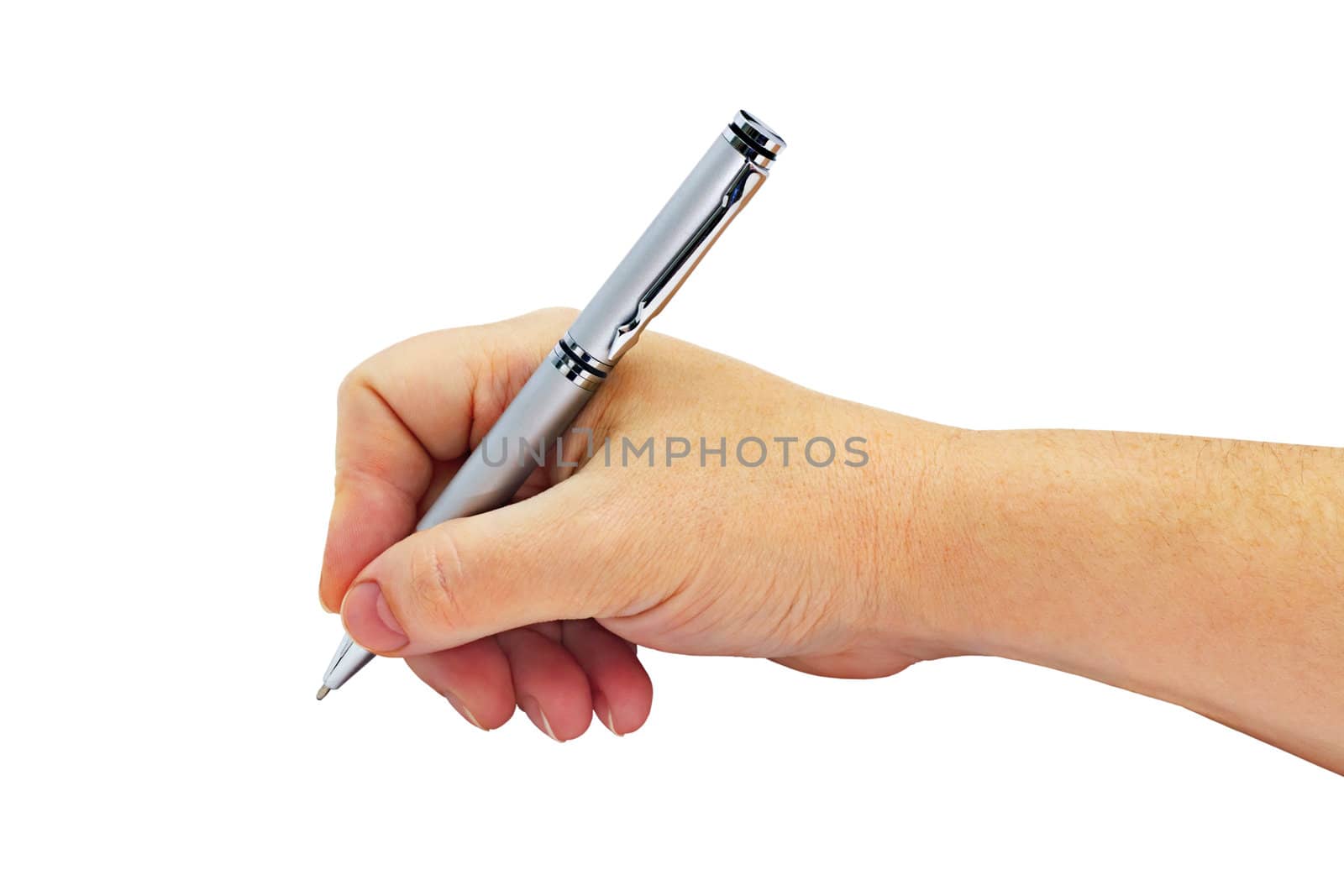 Metallic silver ballpoint pen in a female hand isolated on white background