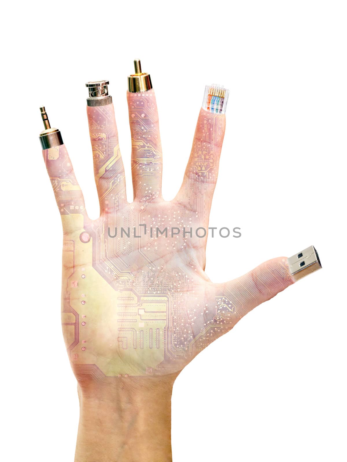 hand with computer terminals at their fingertips isolated on white background
