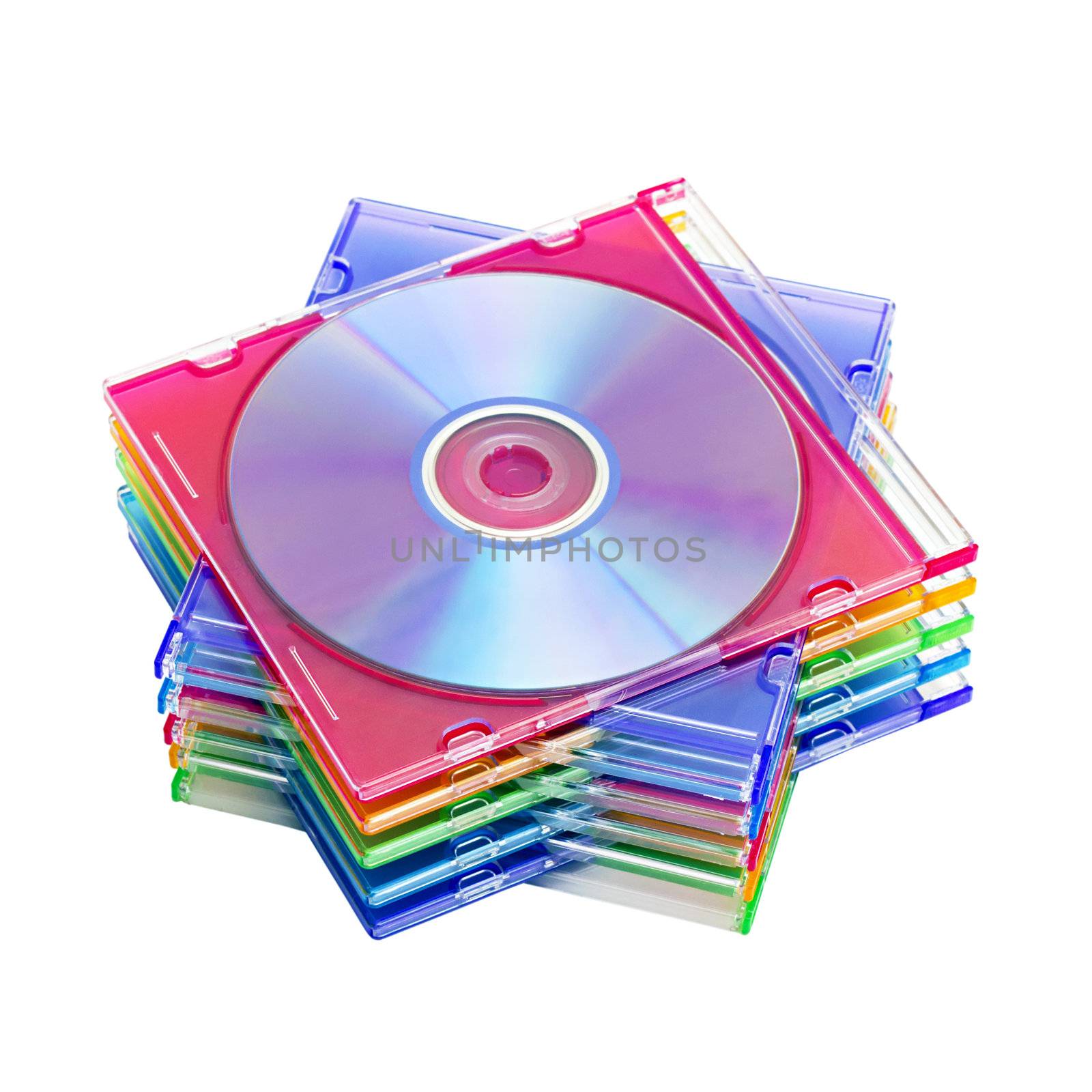 a stack of colored DVDs in boxes isolated on white background