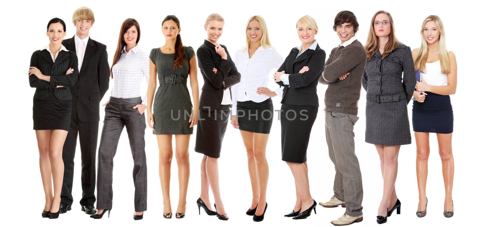 Prtrait of full lenght successful young businesspeople smiling to the camera, isolated on white.