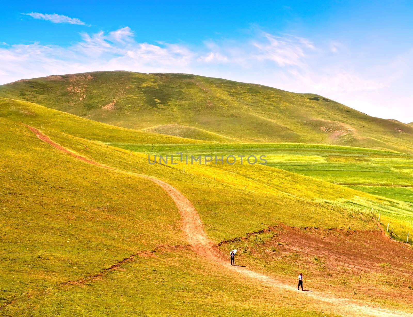 Landscape photo of pepole walking along a road in colorful plain and hills