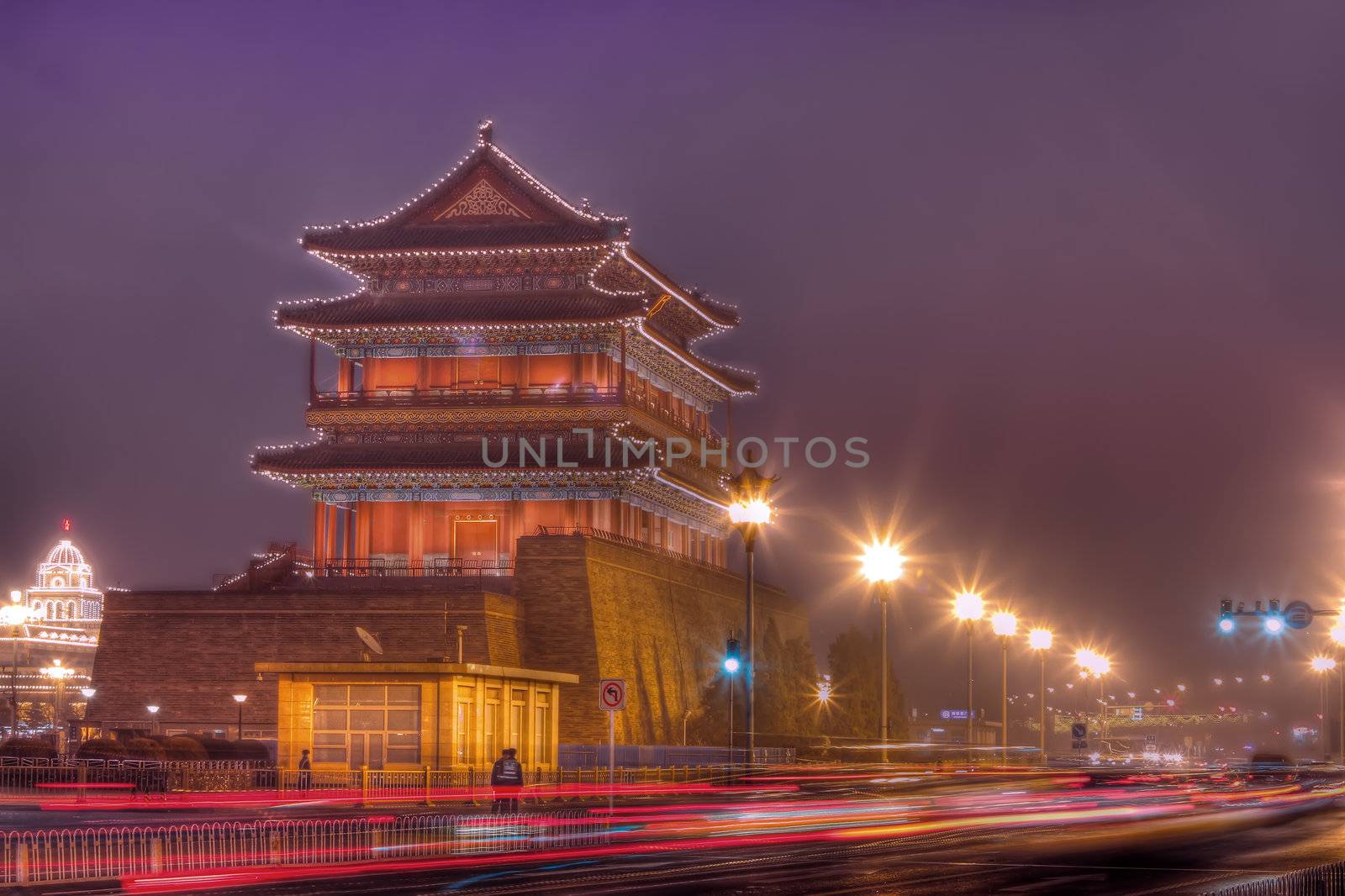The night scene of the forbidden city of China with light