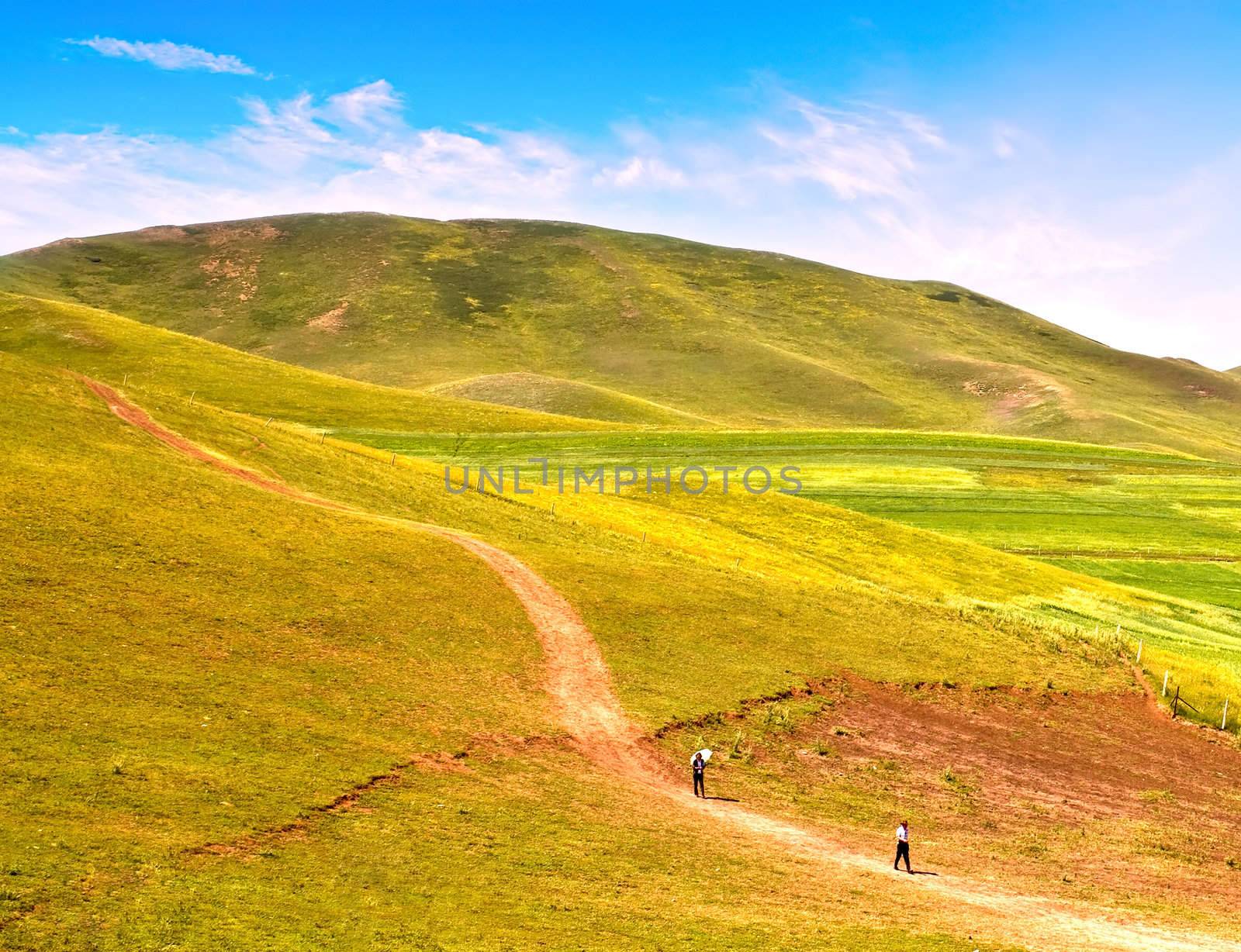 Landscape photo of pepole walking along a road in colorful plain and hills