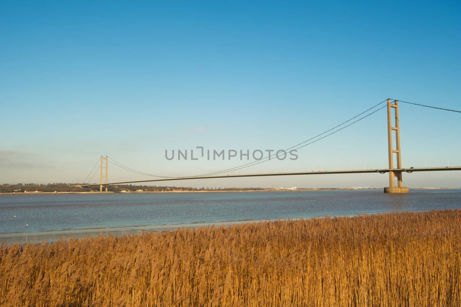 A photo of the Humber bridge taken from the south bank of the river Humber UK