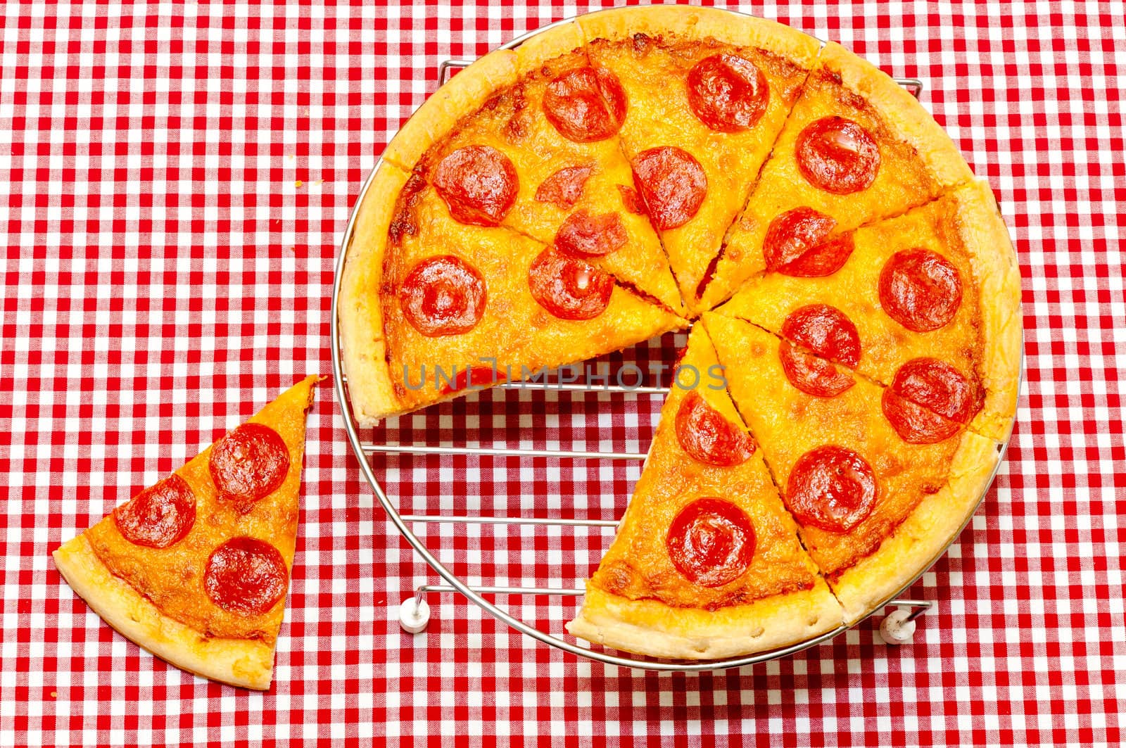 Whole Pepperoni Pizza with Slice Removed by dehooks