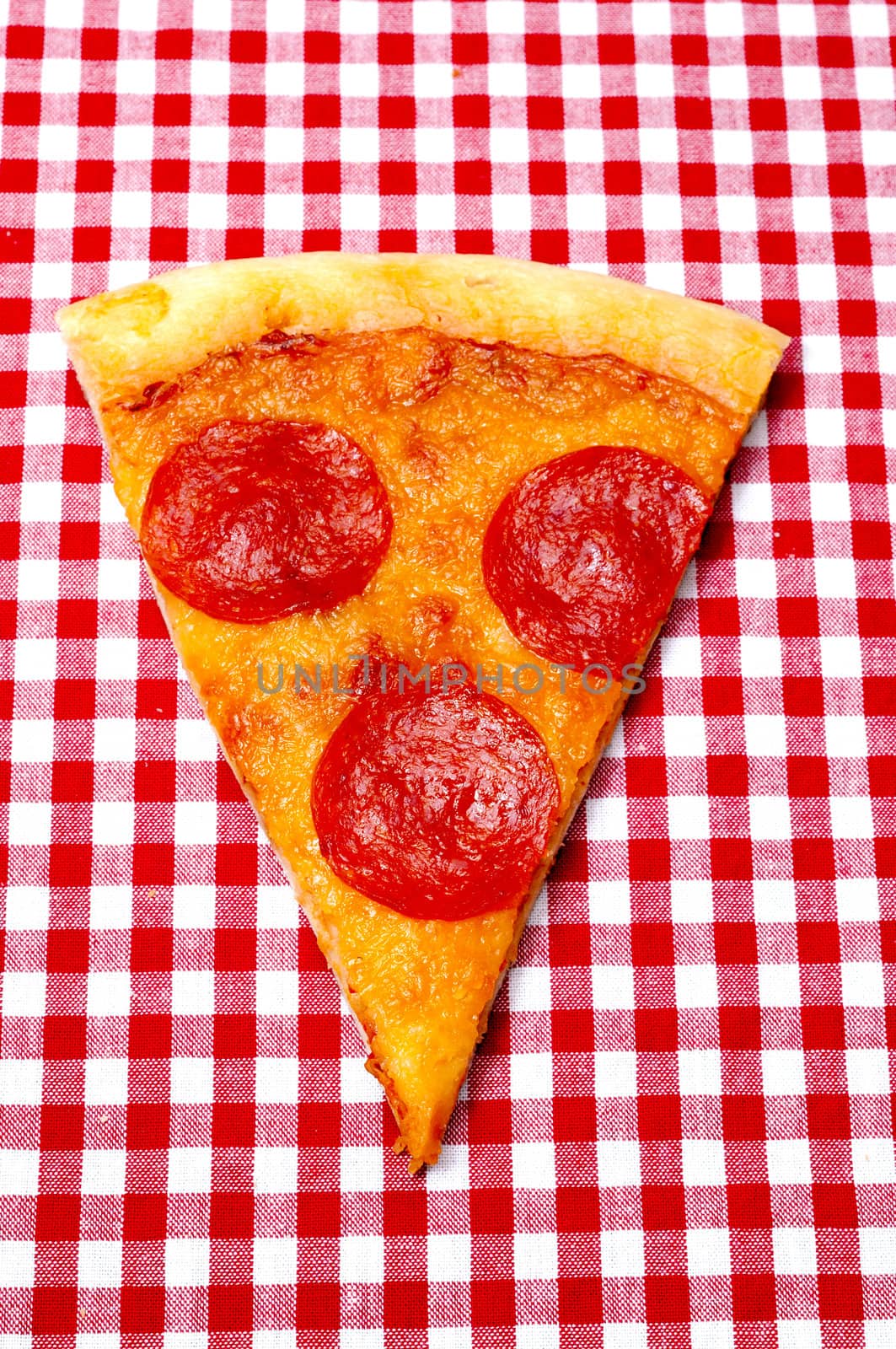 Closeup of pepperoni pizza slice on red gingham tablecloth.